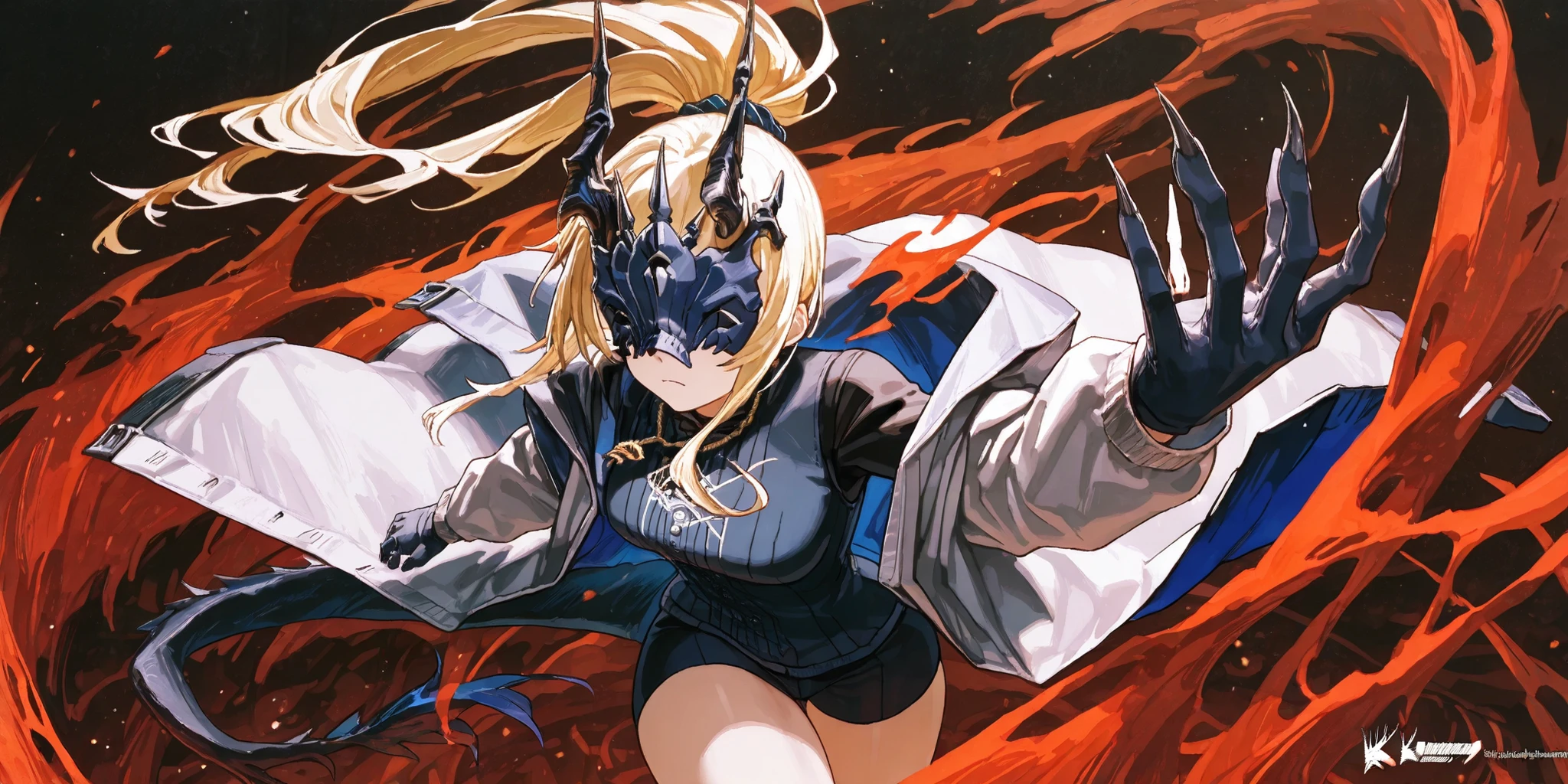 Alone, 1 girl, short and young character, petite body, height 1.50 meters, body proportions similar to Terakomari Gandesblood, confident but cute expression.
Dynamic pose, action stance, flowing hair, dramatic composition, looking directly at the viewer with confidence.
Hair: Hairstyle similar to Sylpha Langlis's (blonde hair), long ponytail tied back, with shimmering golden strands of energy that move with her pose. Blonde hair.
Mask: Black mask identical to the Frost Queen's mask from The Return of the Frozen Player, completely covering the eyes. No eye slits, no visible eyes, the mask completely conceals the eyes.
Body: Black arms and hands with claws, black legs and feet with claws, black markings on the arms, shoulders, and thighs, dragon tail tipped with a red flame, long, curved black horns like those of the original version of Reed from Arknights. Exposed thighs. White military jacket with red details, gold chain crossing the character's neck and body. White military jacket with red details, gold chain crossing the character's neck and body.
Outfit:
White military jacket based on Amiya from Arknights, with gold military medals.
Clearly visible red (not blue) on the inside of the jacket.
Black sweatshirt identical to the design of the original Reed Elite 2, reaching mid-thigh.
Gold chain necklace on the chest and torso, crossing the body (like the chain detail on the original Reed).
Scene: Black background, dynamic full-body posture, sexy and confident, with medium-sized breasts, a small waist, wide hips, and a large butt.
Most importantly, she wears a white military coat with blue accents and a red interior, the inside of the coat being red, identical in every detail to Amiya's coat in Arknights (but in white)—the same fabric, cut, blue accents, red interior, length, hood design, zippers, and proportions. The coat is well-fitting, hugging her shoulders and torso—without falling or slipping.