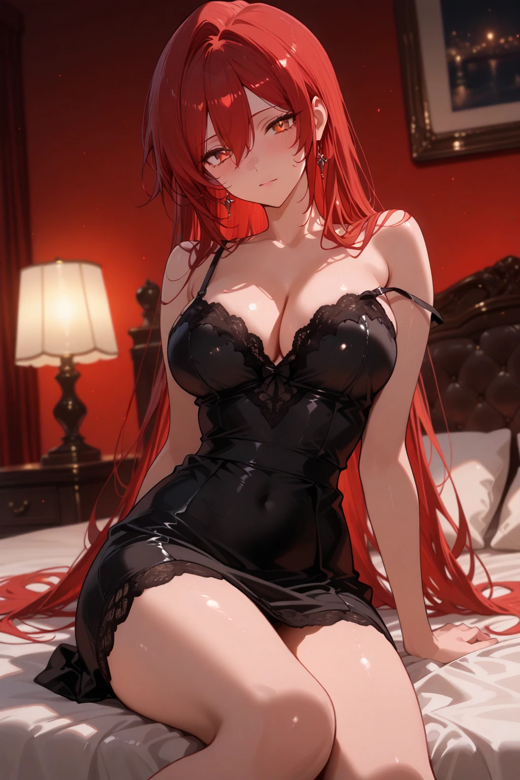 long crimson hair, silver eyes, black lingerie, bedroom, large soft  and , nigttime