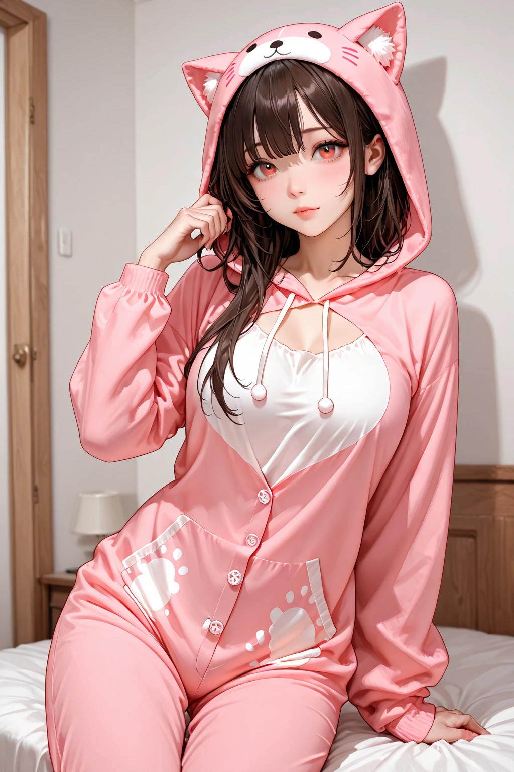 Beautiful 20 year old european woman with dark auburn hair, side bangs, short hair, braided updo, freckles, dimples: 1.3, blushing, hazel eyes, relaxed, living room, pov, dim light, cute pink bear onesie, hood, thin waist, wide , high quality, high detail, perfect features, perfect face, ((Super Low Angle:1.4)),