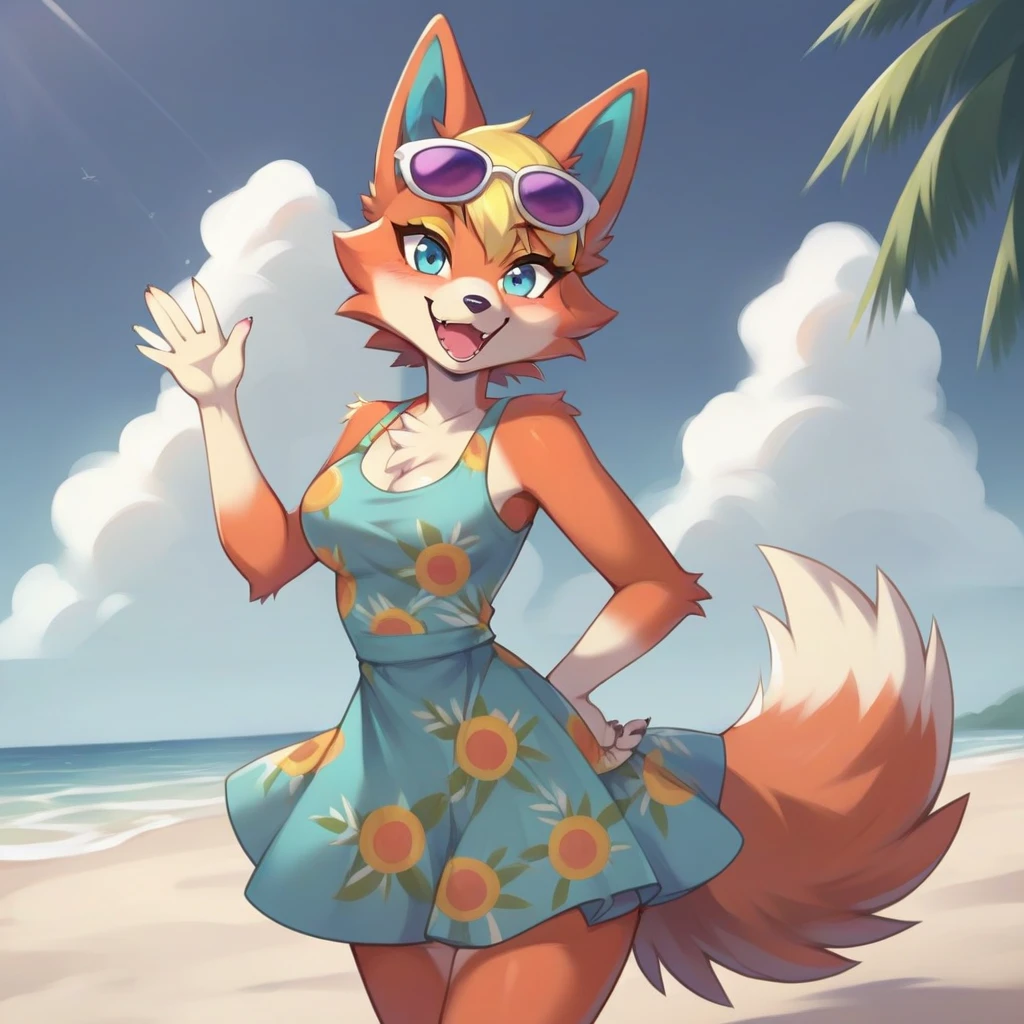 Furry girl, Isabelle, brown eyes, yellow body fur, white body fur, black nose, yellow hair, spread bangs, full body, detailed body fur, detailed body, detailed eyes, glistering body, shiny body, gorgeous body, masterpiece, feets whit three toes, ((red hawaiian shirt, white skirt)), beach, clear sky,