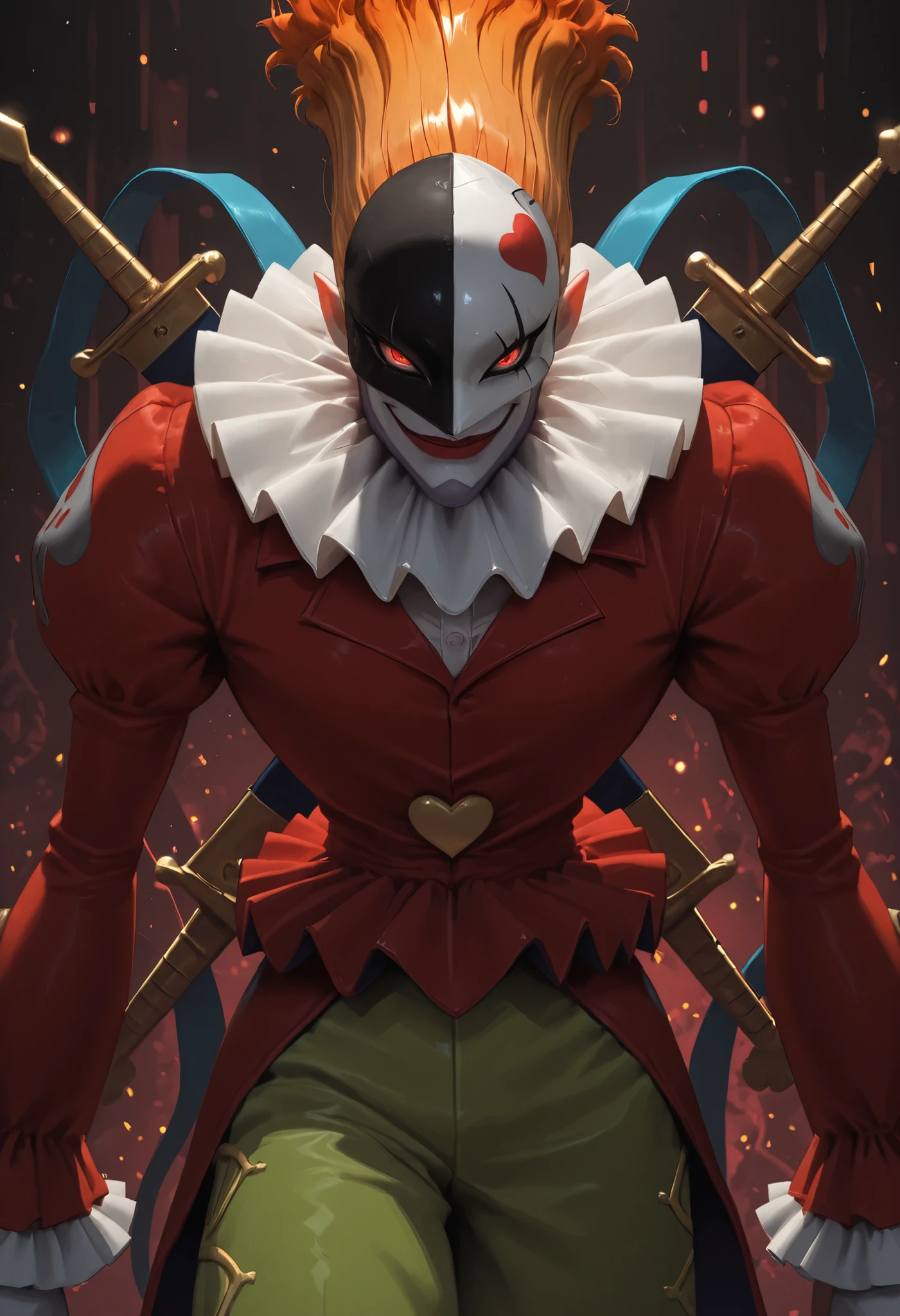 masterpiece, solo, PiedmonIL, Piedmon, clown, tall orange hair, red eyes, mask, red shirt, green pants, swords, evil smirk, digital background