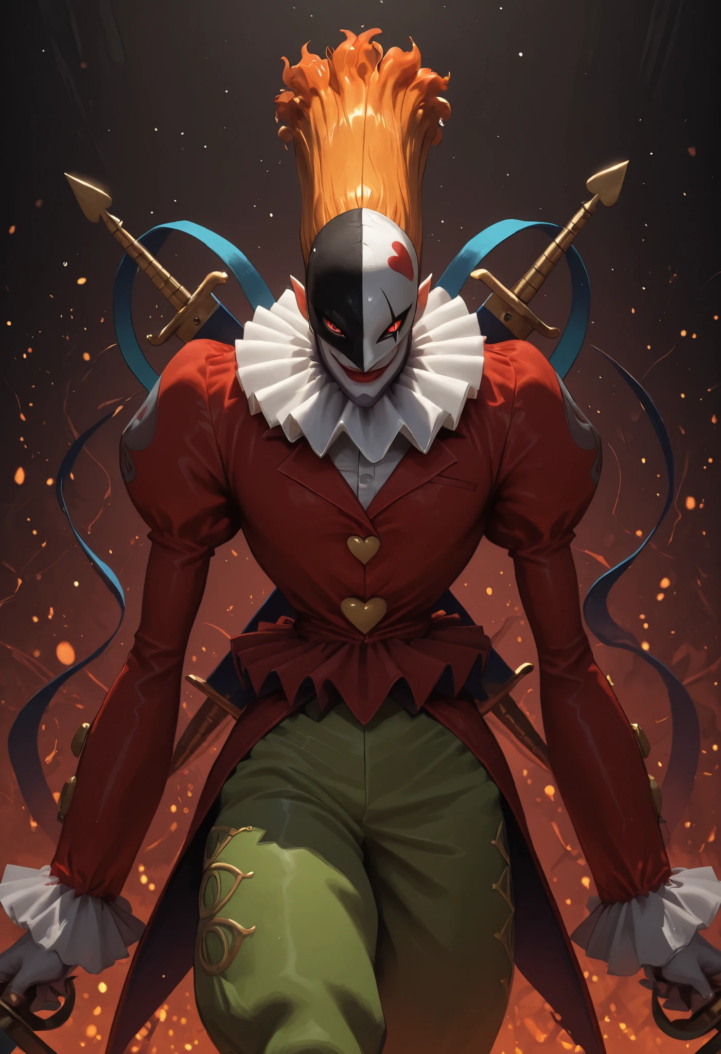 masterpiece, solo, PiedmonIL, Piedmon, clown, tall orange hair, red eyes, mask, red shirt, green pants, swords, evil smirk, digital background
