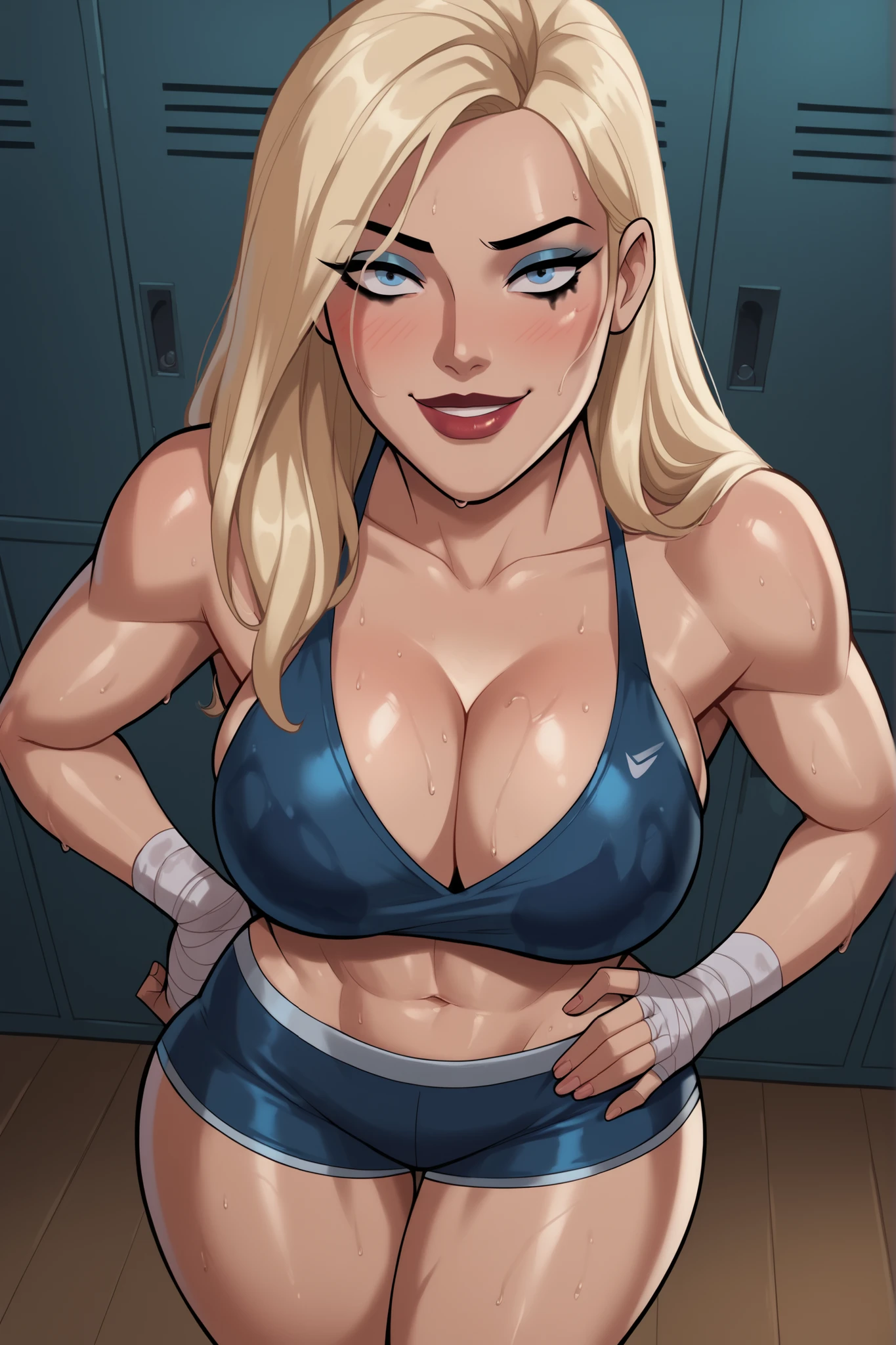 BREAK, safe_pos, score_9, score_8_up,score_7_up, score_6_up, 1girl, solo, blonde hair, long hair, blue eyes, very large breasts, smile, closed mouth, makeup, lipstick, looking at viewer, cleavage, curvy, athletic, seductive expression, seducing viewer, teasing viewer, bedroom eyes, indoors, locker room, busty, dark blue bikini top, dark red workout shorts, dark blue hand wraps, standing, high-angle view, blushing, blue eyeshadow, black mascara, closeup, portrait, upper body, muscular, sweaty, sweat drops, wet skin, shiny skin, thick thighs, wide hips, hand on waist