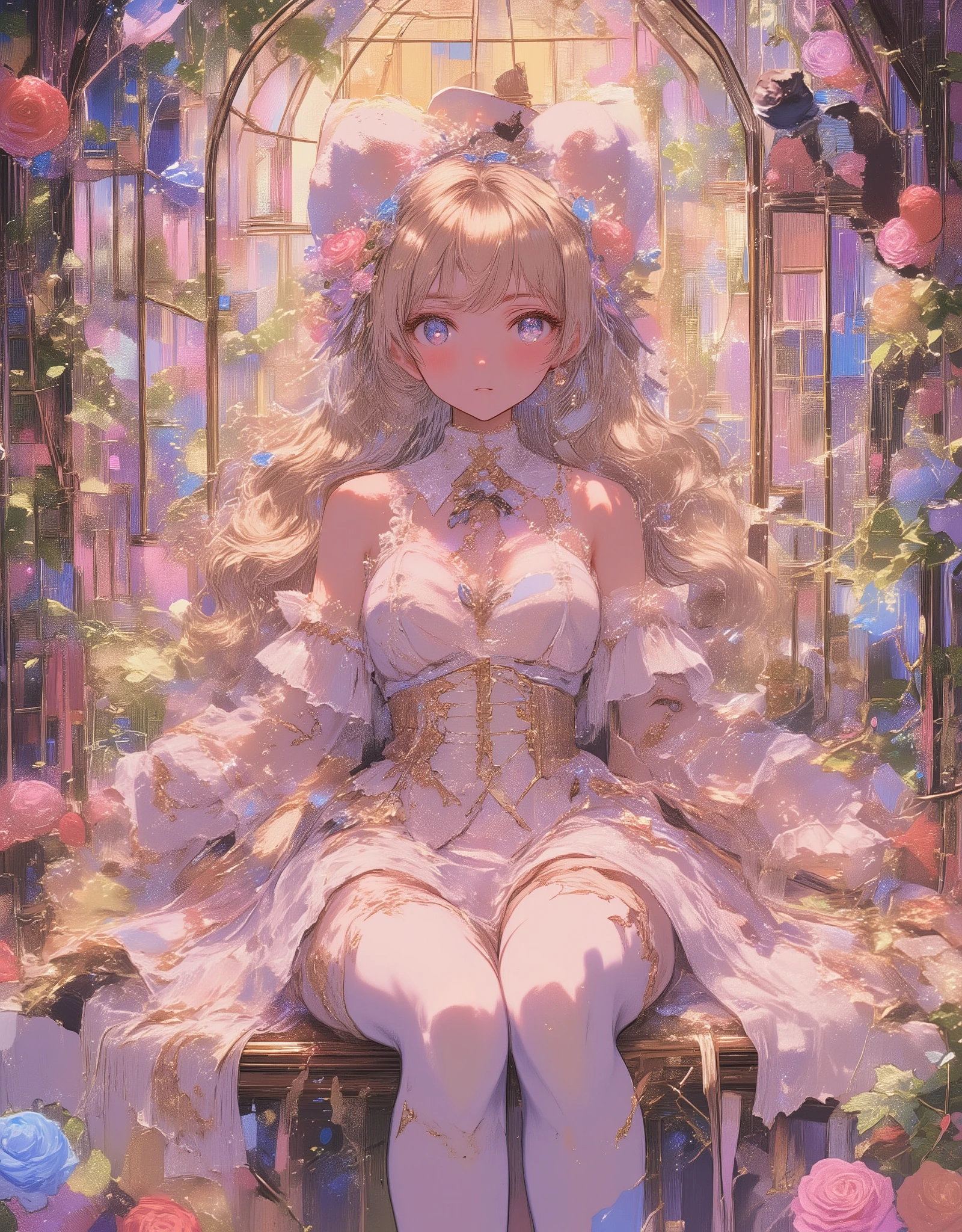 Lolita girl in a birdcage spreading legs ( girl spreading perfect 02 legs:0.5), Lolita girl all i frame, pantie showcase between spreading legs (focus on pink panties:0.9) , The woman is siiting alone, she is wearing white see-trought thin lace nuisette and white pantyhose,( torn pantyhose :1.4), sleeveless,, pose, expression, wet glowing eyes, shy, loving, very embarrased (blushing:0.9), sweet smile closed mouth, Wearing ribbons and Lolita dresses, Colorful rose flowers around, Rose vines tangled around a birdcage, Fairytale illustration. Baron the cat in a hat and tuxedo style image. Pastel Gradient, "Lollipop Pantie Showcase Syndrome", mesmerizing artwork, Impressive lingerie creativity. (best quality, high resolution, masterpiece:1.2), Super detailed, surreal, egmid