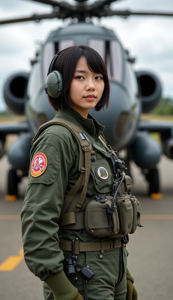 VEE:she is a soldier .Best quality, masterpiece, ultra high res, (photorealistic:1.2),detailed skin,more slender and thin body,17 year old,baby face,more realistic skin,small breasts,,deep chest , {model intro},HI.. my name is VEE ,I am a slim and thinny-17 years old girl long hair,I'm studying in a collage,((what a slim and fragile girl she is !!!)),slenderness,thin and thin,eyes mascara,  slender body,cheerful smile, white teeth ,mouth open,, smile,UHD, , Wears ,,cargo pants,,wide smile,clenched teeth,cheerful face, Air Force Pilot,Airplane Pilot,Pilot Helmet,Fighter Pilot,green Air Force Flight Suit,green cargo pants,(airfield),(airport),