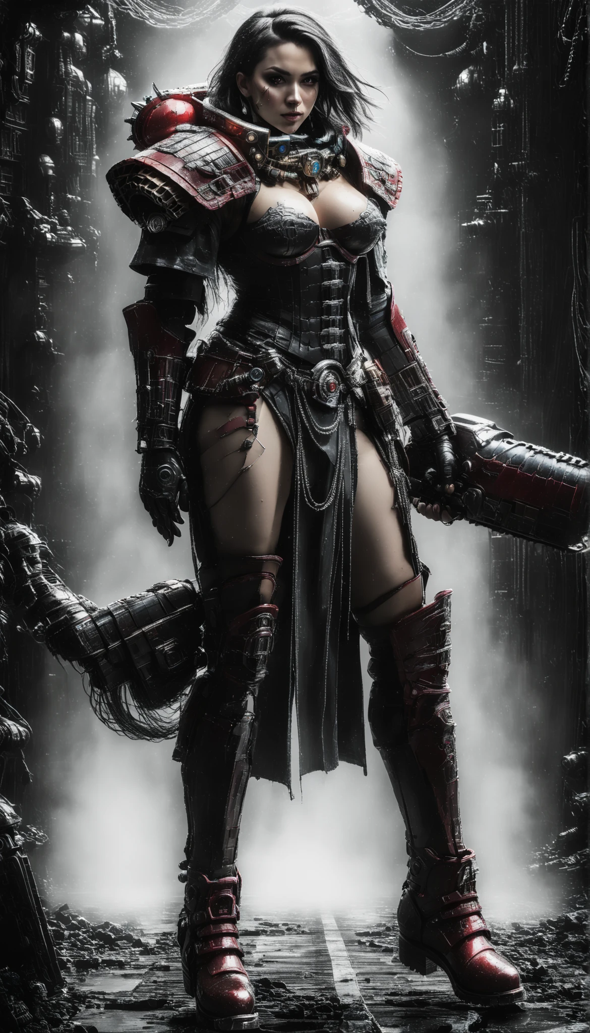 Important (military uniform, bloodborn coat, detective, warhammer 40 000 theme, battle sister, space marine armor, very wide hips, thicc lower body, big breast):
Scene (space ship corridor):
Character Face ( focused, red chicks, glowing pupils, make up, augmentations on right side, tatto on left side):
Character Body (oiled skin, sweat skin, huge tits busting out, neon glowing electric rings, neon glowing electric collar, wide hips huge ass, thicc legs, big, ass cheeks, hips trapezoidal, big butt, wide hips, thin waist):
Character Hair (bob, black):
Character Clothes (long coat, gun in hand, tight beige leggins, commissioner long coat, zippers belts, garter belt, high heeled tight high boots on the ground, stockings, micro thongs, steel chest armor):
Character Action (walking with butt plug):
View (full body):
Scene light (strong, lighting, emphasizing curves):
Color tones (rich and vibrant colors, warm tones, saturated, contrasted):
Image quality (illustration, photography, 8k, super detail, best quality, 8k, high details, anatomically correct, masterpiece, highres, best quality, award winning, high quality, high details, super detail, erotic art, pin-up, glamour, fine art photography):
