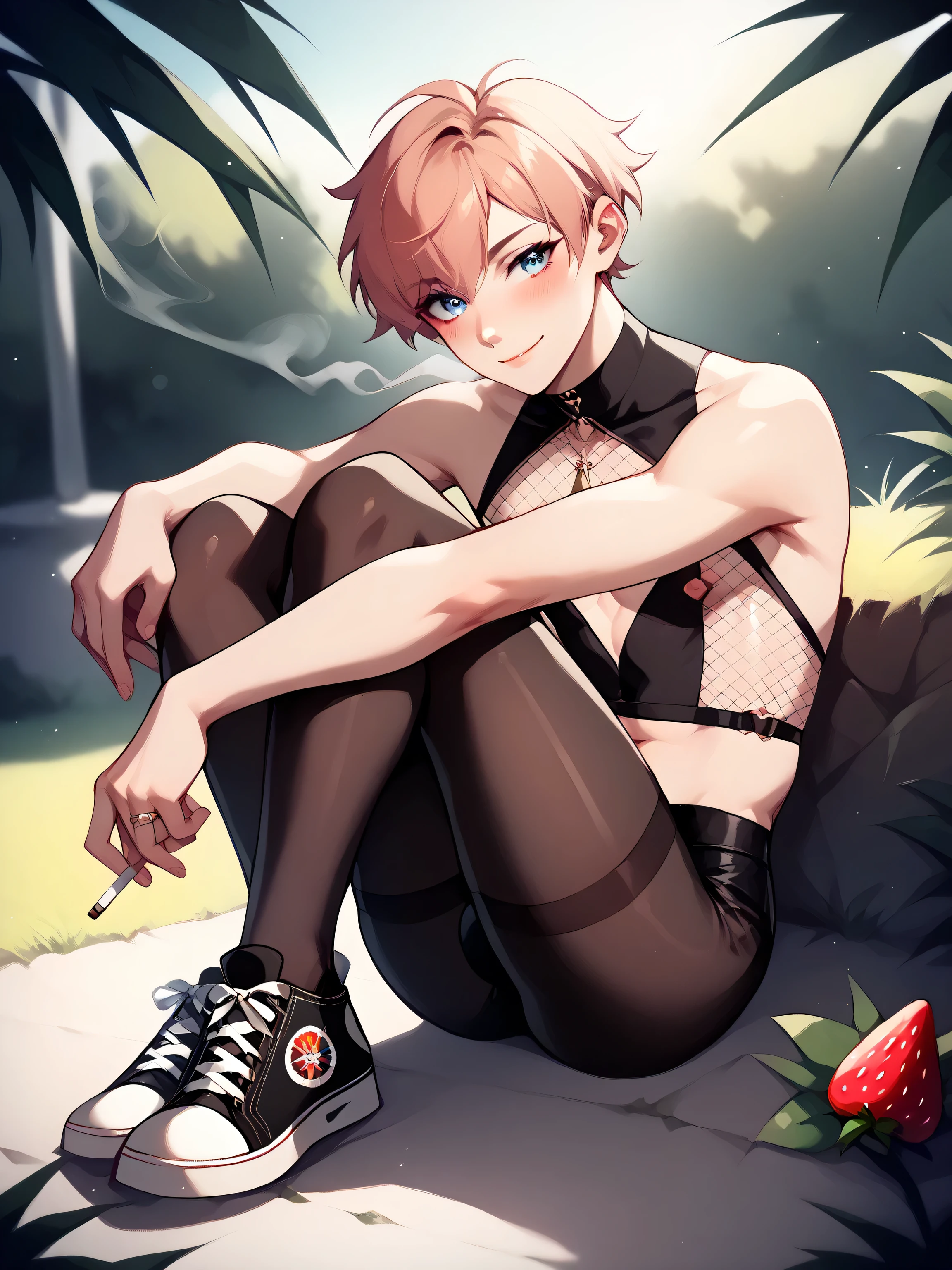 femboy, One male, blue eyes, long shag hairstyle, longer flowy hair, male, sexy, blushing, black high-waisted leggings, leggings, tight fit, side cutout design on leggings, form-fitting silhouette, streetwear aesthetic, flattering on curves, black fishnet cutout tank top, large oval mesh pattern, skin-tight fit, converse shoes, sleeveless, blue eyes, strawberry blond, adult, manly face, lean, thin, adult, curvy, small, skinny, slim waist and wider hips, expressive, confident, femboy, nsfw, , feminine, full body, soft smirk, sitting in grass, legs crossed, hand on thigh, elegant fingers, looking to the side, smoking joint