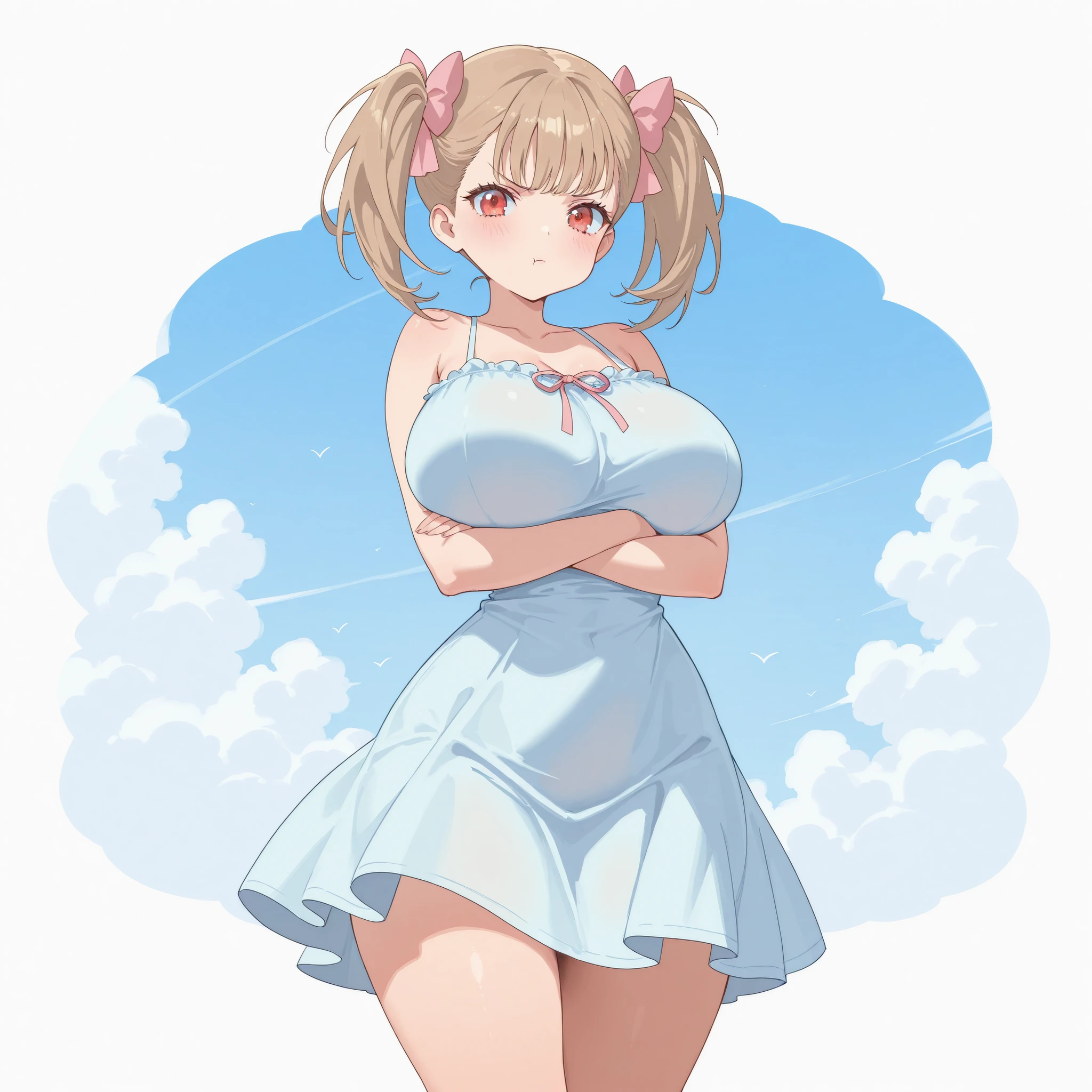masterpiece, ultra-HD, impressionism, high detail, best quality, very aesthetic, 8K, best quality, beautiful, ultra-high resolution, 32K UHD, 1girl, solo, Rumi, light brown hair, twin pigtails, middle bangs, hair ribbons, pink ribbons, red eyes, eyelashes, , narrow waist, wide , thick thighs, shapely legs, slim, sky blue sundress, shoulders, blushed, blushed, pout, cute, crossed arms, standing, looking at the viewer, simple background, front view