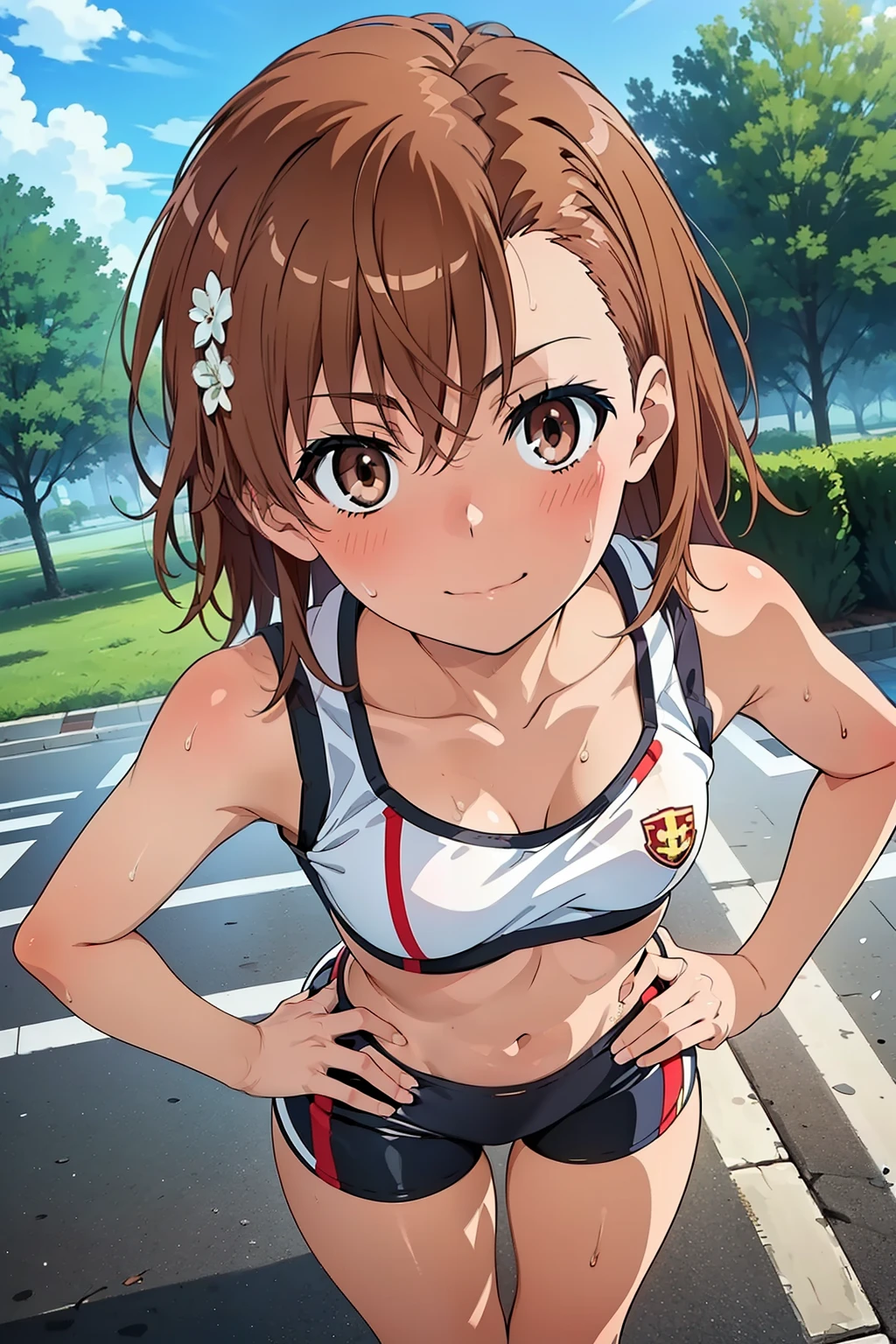 (masterpiece, best quality, high resolution, 8k:1.2), (anime coloring:1.2), perfect character design, official art, highly detailed CG Unity 8K wallpaper, perfect face, perfect eye, perfect hair style, perfect body, beautiful body, beautiful skin, beautiful breasts, beautiful legs, beautiful hands, perfect hands, beautiful finger, beautiful face, beautiful eyes, symmetrical eyes, slim body, (1 girl), (misaka mikoto, brown eyes), (small breasts), (brown hair, short hair, bangs, eyebrows visible through hair, hairpin), nffsw, (simple separated tight-fit training wear, tight-fit black sports bra, tight-fit black biker shorts), (sweat), (hands on hips), (park, tree, blue sky), dutch angle, (from above),looking at the viewer,