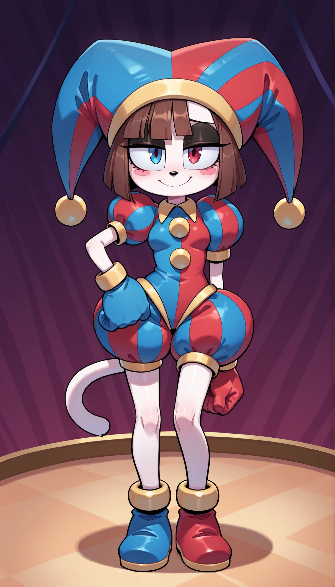 score_9, score_8_up, score_7_up, 1girl, solo, masterpiece, best quality, amazing quality, very aesthetic, absurdres, source furry, Pomni, mobian cat, dog ears, blue eyes, white body fur, brown hair, straight bangs, looking at viewer, smile, oily skin, eyeshadows, (short body, tiny body), big head, closeup, ((jester cap, gloves, puffy short sleeves, red eyes and blue eyes, striped, red shoes)), full body, small breasts, cat tail, circus on background, standing, pink cheeks, shy stance,
