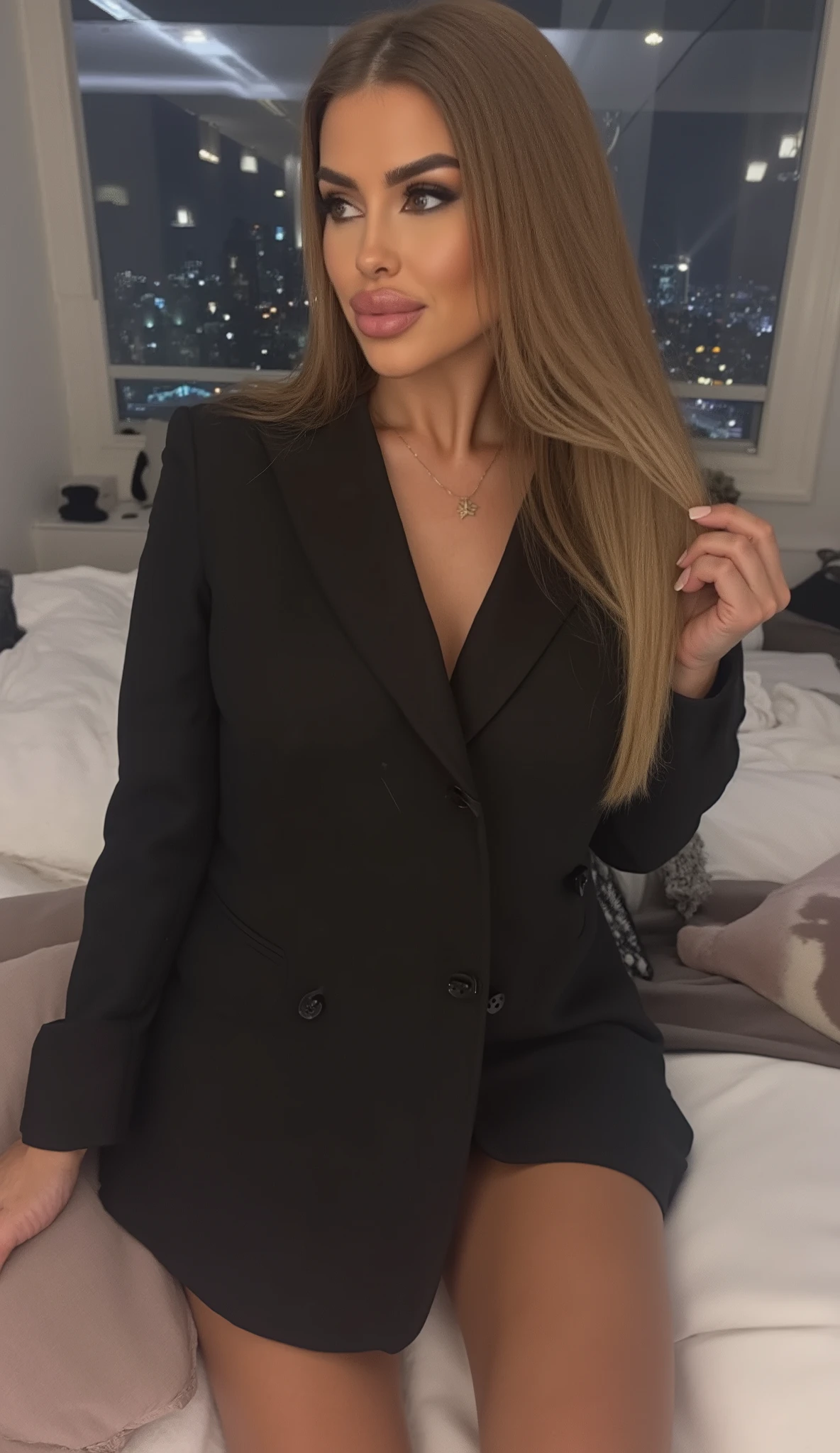 Full body shot, Feet in view, Kim Kardashian with straight long brown hair in a very tight black Blazer with collar ,in very black Minirock and black sneakers, Glasses , , luxurious apartment, large window, City view, at night , kim steht in einem edlen Schlafzimmer, im Hintergrund steht ein Bett , she has a very arrogant facial expression ,