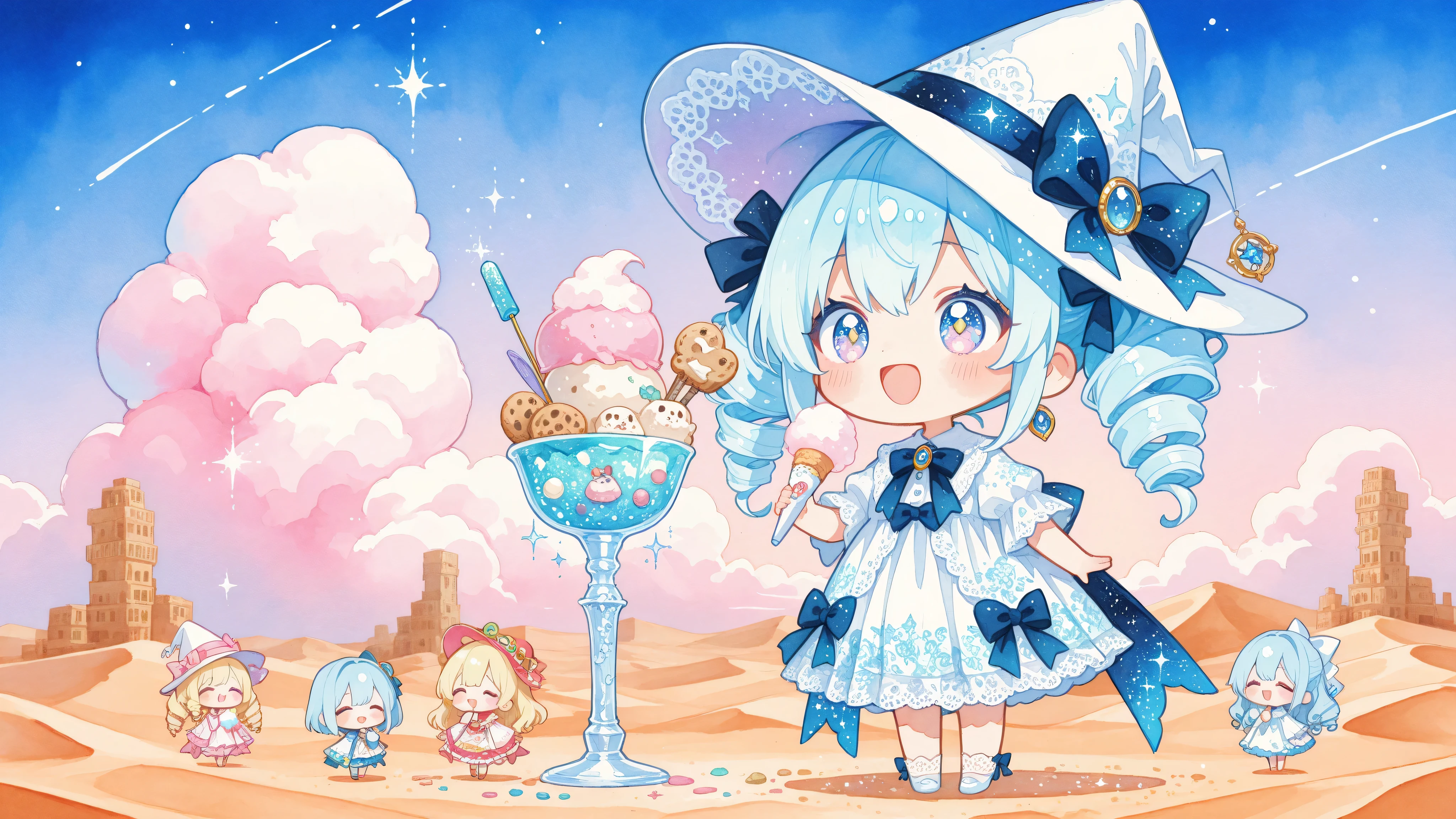 A woman singing into a microphone. Novuschroma65 style watercolor painting, Lovely_Study by focusing on Chu , what is the super high image quality, semi-real painting style, Desert Witch, White Witch Hat, twin drill, Sky blue hair, Sweets Pattern Dress, Ice Cream Wand, Sugar Lace Decorations, Magical Donuts, Cookies float, Cotton Candy Cloud, Glitter Effects, Sweet scent, crouches, happy, walliza, chibi style, chibi style anime illustration