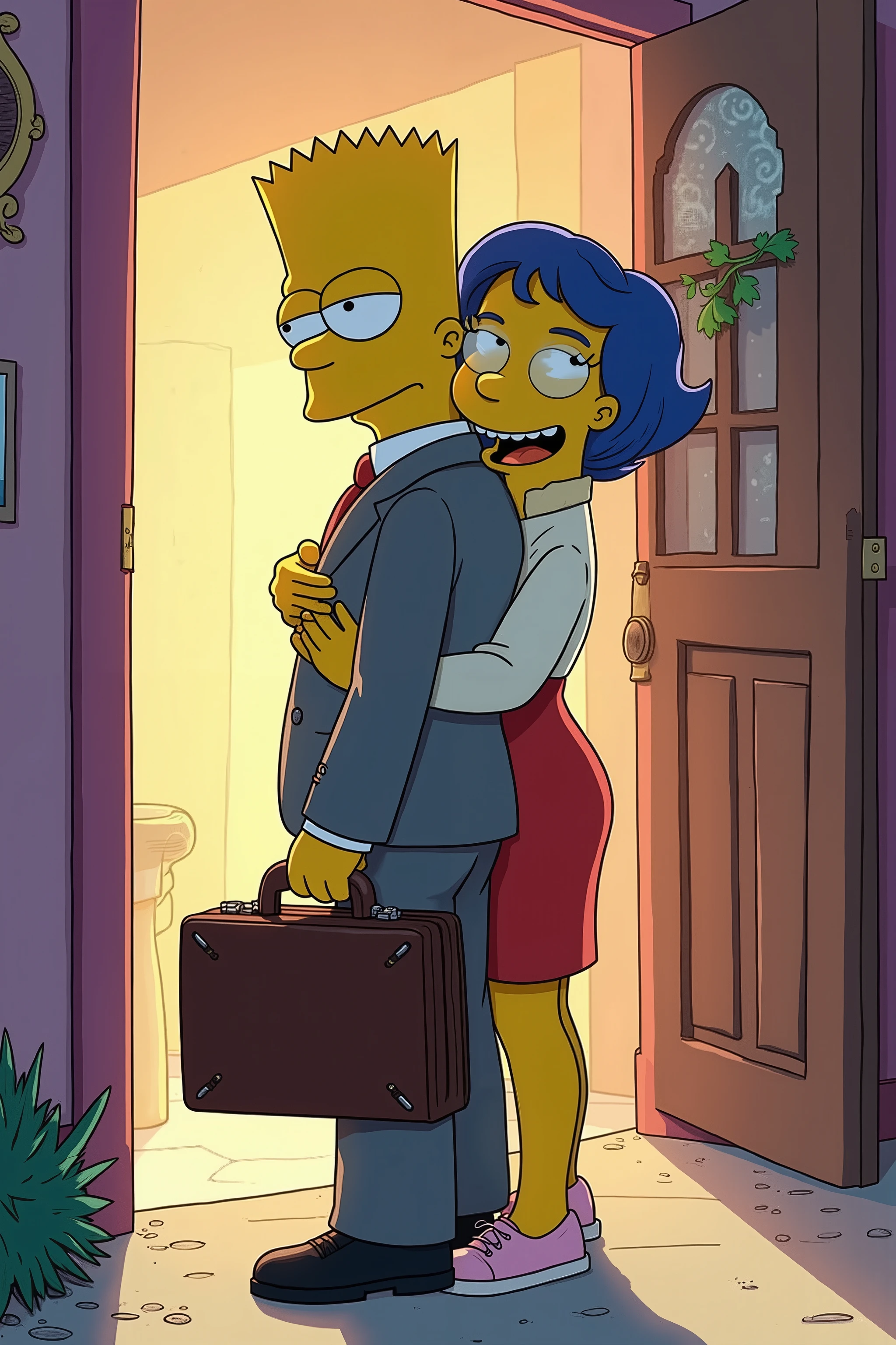 💋:Bart Simpson as a young adult,of his wife with a possessive pat on the butt Saying goodbye,im Comic-Stil der Simpsons.
🌟:Comicstil,im Stil der TV-Serie Die Simpsons,farbenfroh,humorvoll
🌌:The entrance area of the Simpson House,illuminated by the morning light.The background is slightly simplified,with the characteristic,pastel-colored walls and a messy mess in the typical style of the series.
😈:Bart Simpson as a young adult,With his iconic,stacheligen Frisur.He wears a simple,gray suit and holds a briefcase.His charming wife,} with the look of a typical “Simpsons” character,hat ein liebevolles,but mischievous smile on his lips.
🔥:beard stands in the door,im Begriff zu gehen,while his wife hugs him from behind and says goodbye to him with a clear pat on the butt.Bart's facial expression is a mixture of surprise and amused embarrassment.The pose is dynamic and captures the funny and tender moment.