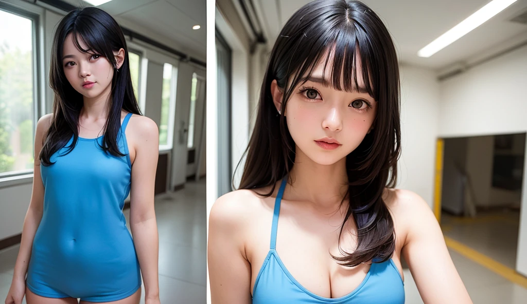 ???? Woman, Very deep blush, Red nose tip, Long neck,Medium ?????, Visible Cracks,Warm lighting ,look up、Open your eyes、Navy School Swimsuit、bangs
