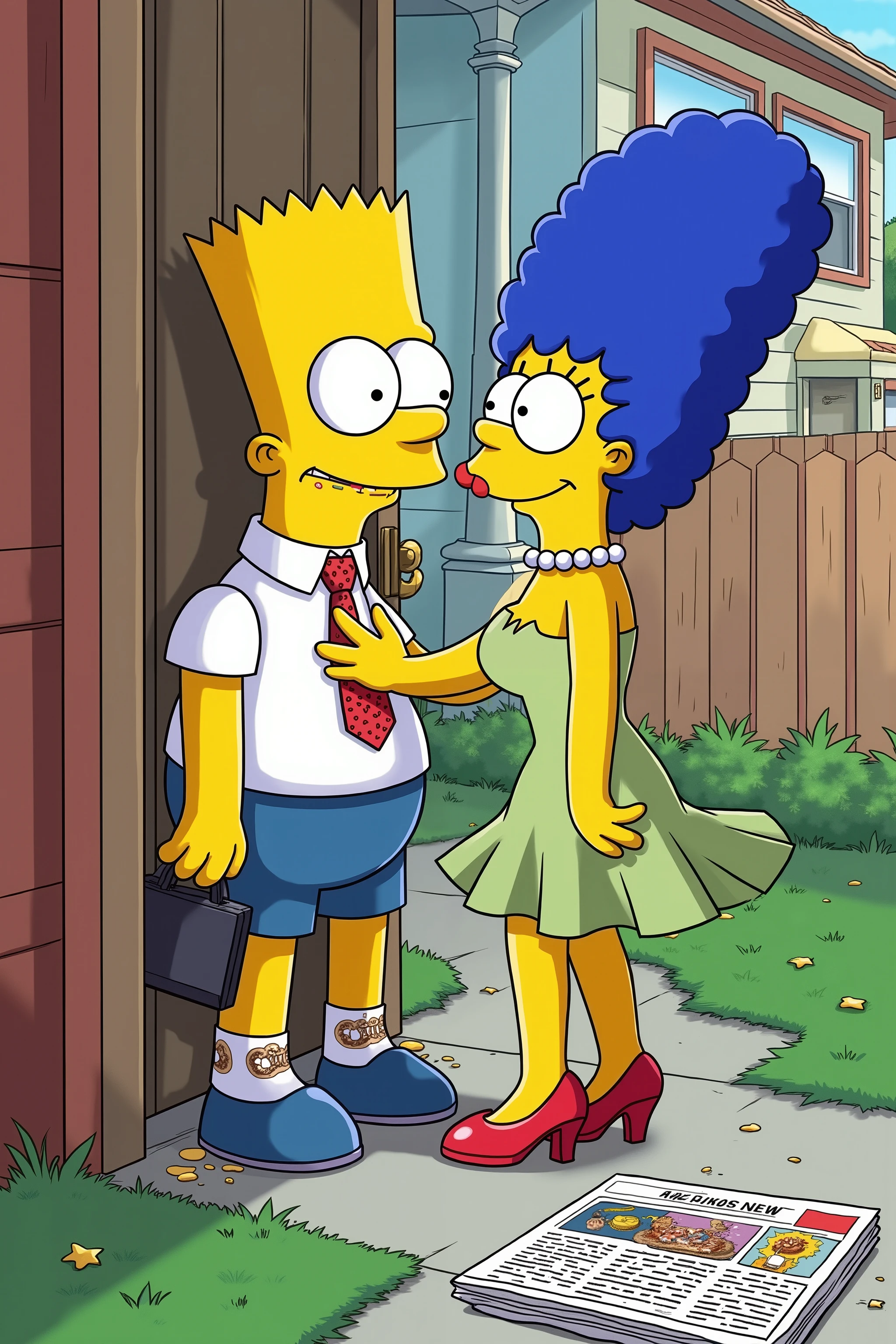 💋 : Bart Simpson as an adult — office hero with charming farewell to his wife
🌟 : successful Simpsons imitation drawing, satte Farben, Thick black outlines, 2D-Cel-Shading
🌌 : suburban front garden — crooked sidewalk, exaggerated green lawn, chunky single-family house in the background
😈 : Bart (25) in business shirt and flabby tie — briefcase full donkey Crumbs — his wife (Marge-Tochter) with oversized eyes and blue curls
🔥 : She playfully pats him on the butt — he winks back cocky — one hand on the door frame, the other throws a kiss hand
(Simpsons-Details:
• donut pattern on his sock
• Your pearl necklace forms a heart
• Newspaper with comic headline on the lawn)