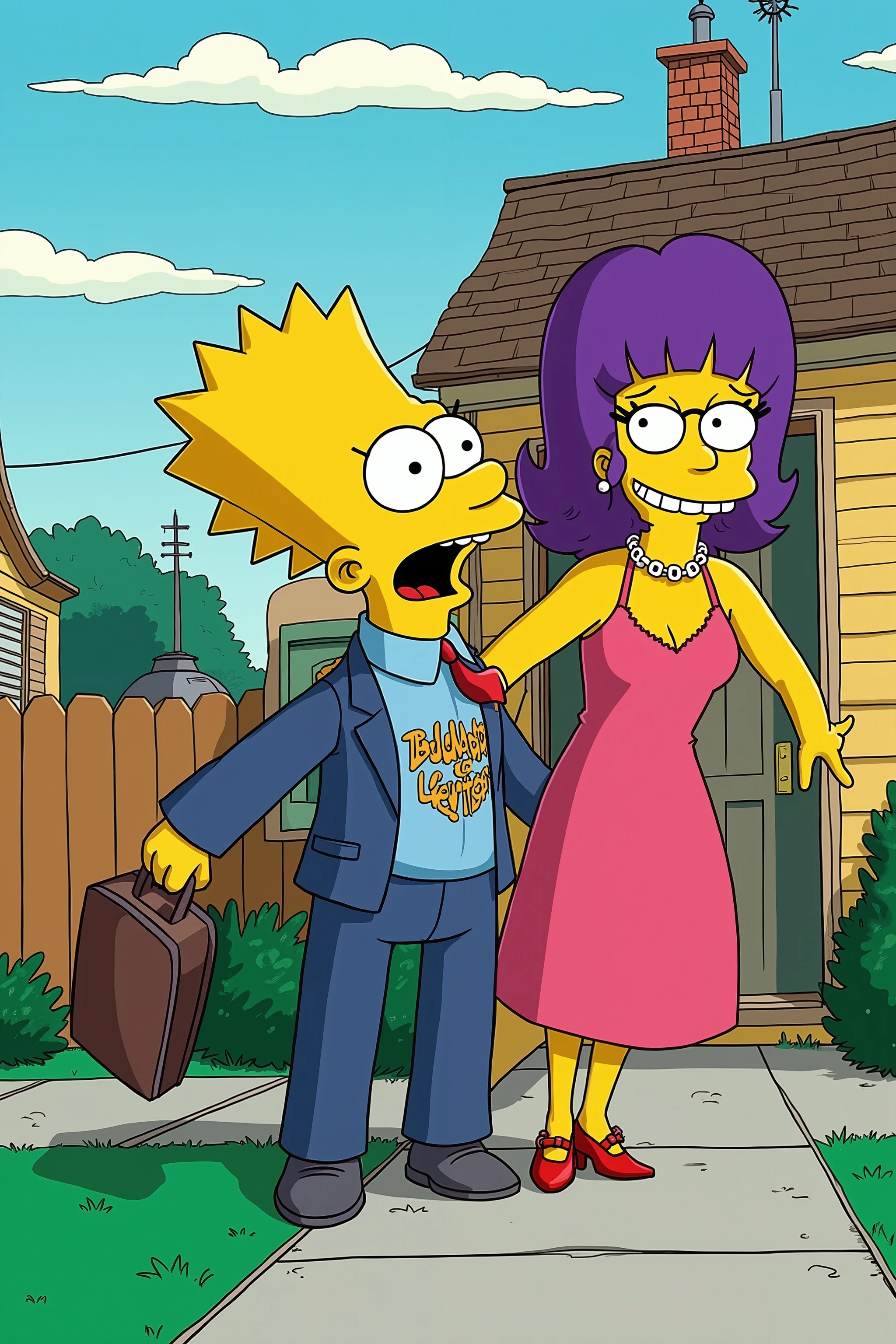 💋 : pulls him back briefly and gives him a theatrical
🌟 : Comic-Stil, true to the original such as “The Simpsons” series, flache Farben, schwarze Konturen, exaggerated gestures, inspired by classic Fox animations
🌌 : in the distance the nuclear power plant chimney in the pastel blue sky {x} In front of a typical yellow Simpsons house door with green shutters, Turf bright green, Briefkasten schief, Bart Simpson as an adult — Farewell to the yellow dream
😈 : Beard as a young adult — still sharp hair, blue T-shirt with printed “Cowabunga!“, graue Anzughose, plastic briefcase, Krawatte schief, facial expression between pride and panic
🔥 : Stands at the door, wants to go — that's when his charming wife grabs him (lila Haare, pinkes Kleid, riesige Augen) von hinten, but affectionate pat on the butt — he jumps terrified, x} beard as a young adult — still pointed hair, turns around, she winks — typical Springfield: chaotisch, Sweet, unverwechselbar