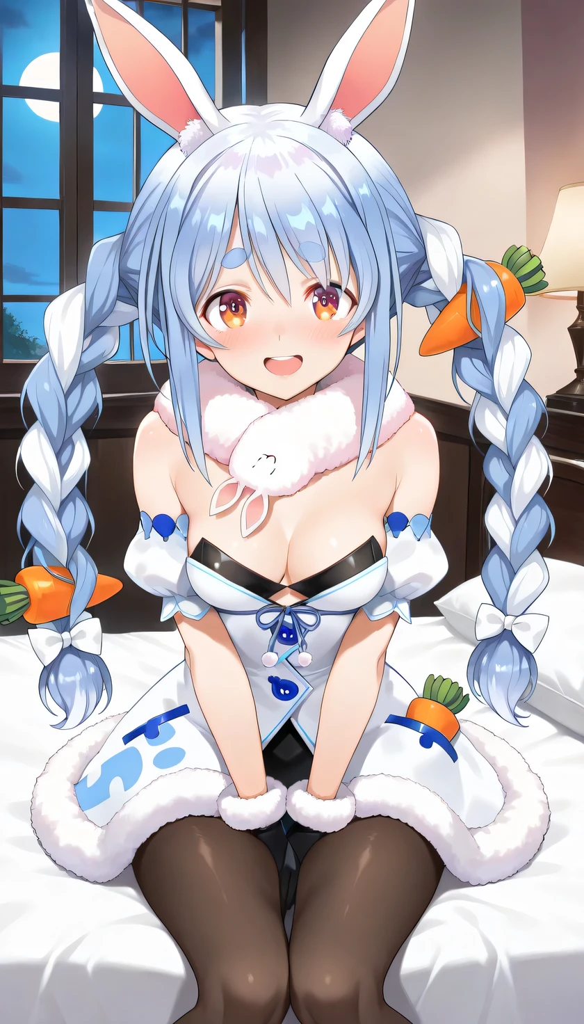 {{{masterpiece}}}, (best quality:1.5), (ultra-detailed:1.5), {illustration}, {{an extremely delicate and beautiful}}, (beautiful detailed eyes:1.6), absurdres, highres, extremely detailed face, 16k, hd, visual anime de uma jovem mulher, extremamente bonito rosto de anime, anime melhor garota, (perfect hands, perfect anatomy), anime face, Usada Pekora(Hololive), 1gril, solo, cute face, aapekora, long hair, two-tone hair, blue hair, white hair, twin braids, braid, thick eyebrows, tan markings, (carrot hair ornament:1.3), rabbit ears, swept bangs, sidelocks, (orange eyes:1.2), medium breasts, big hips, curvaceous, BREAK, aapekora, PekoraOutfit, white fur scarf, black leotard, white fur-trimmed dress, bare shoulders, strapless, cleavage, detached sleeves, puffy short sleeves, black gloves, fur-trimmed gloves, black pantyhose, BREAK, indoor, bedroom, on the bed, window, moonlight, open mouth, smiling, confession, embarrassed, flushed cheeks,from front, looking at viewer, knees together feet apart, sit
