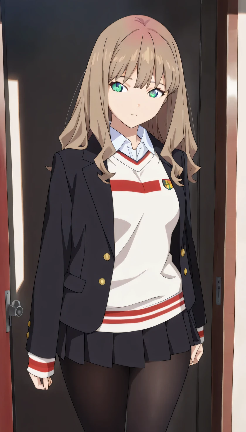 {{{masterpiece}}}, (best quality:1.5), (ultra-detailed:1.5), {illustration}, {{an extremely delicate and beautiful}}, (beautiful detailed eyes:1.6), absurdres, highres, extremely detailed face, 16k, hd, visual anime de uma jovem mulher, extremamente bonito rosto de anime, anime melhor garota, (perfect hands, perfect anatomy), anime face, Yume Minami(SSSS. Dynazenon), cute face, 1girl, solo, brown hair, long hair, bangs, sidelocks, (green eyes:1.2), (High resolution eyes, Beautiful eyes, Light in the eyes), medium breasts, big hips, curvaceous, plump thighs, BREAK, yume minami_1, {MinamiSchoolUniform}, black jacket, open jacket, long sleeve, white shirt, collared shirt, white collar, crew neck sweater, cream sweater, sleeves past wrists, black skirt, mini skirt, pleated skirt, black pantyhose,