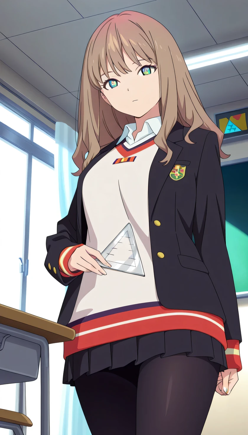place a Triangle-shaped ruler on your chest, {{{masterpiece}}}, (best quality:1.5), (ultra-detailed:1.5), {illustration}, {{an extremely delicate and beautiful}}, (beautiful detailed eyes:1.6), absurdres, highres, extremely detailed face, 16k, hd, visual anime de uma jovem mulher, extremamente bonito rosto de anime, anime melhor garota, (perfect hands, perfect anatomy), anime face, Yume Minami(SSSS. Dynazenon), cute face, 1girl, solo, brown hair, long hair, bangs, sidelocks, (green eyes:1.2), (High resolution eyes, Beautiful eyes, Light in the eyes), medium breasts, big hips, curvaceous, plump thighs, BREAK, yume minami_1, {MinamiSchoolUniform}, black jacket, open jacket, long sleeve, white shirt, collared shirt, white collar, crew neck sweater, cream sweater, sleeves past wrists, black skirt, mini skirt, pleated skirt, black pantyhose, BREAK,1girl, cowboy shot, kyoushitsu, classroom, indoors, school chair, school desk, chalkboard, window, ceiling light, curtains, expressionless, (big Triangle-shaped ruler:1.5), (have a Triangle-shaped ruler:1.3), peer in from below, looking at viewer, daytime