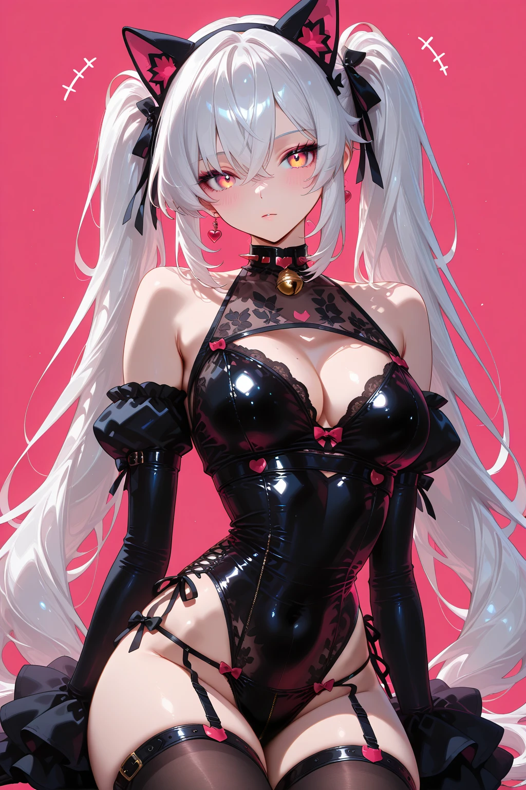 Silver hair, pink eyes, body, cat ears, ???? girl, earrings, heart background fantasy, uniform, hair bow