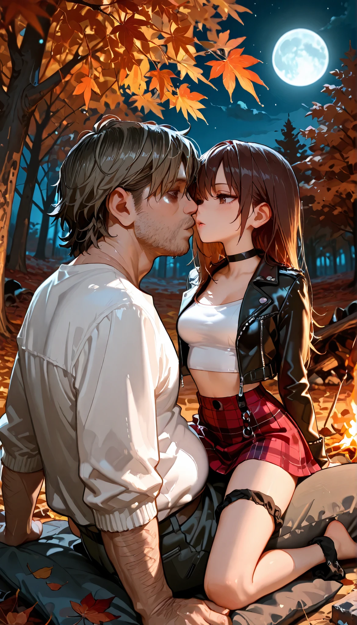 ((young model and homeless man)), masterpiece, best quality, absurdres, 1boy, 1girl, midnight, full moon, campfire, (Autumn leaves), ugly man, large man, ((fully clothed man)), Caucasian girl, Western features, white girl, ((slender body)), ((short girl), (4k, 8K), brown eyes, long hair, brown hair, jagged hair, ((bangs)), , rocker girl, choker, tiny red skirt, plaid skirt, tiny leather jacket, small white crop top, detailed, size difference, straddling, imminent kiss, black panties around one leg
