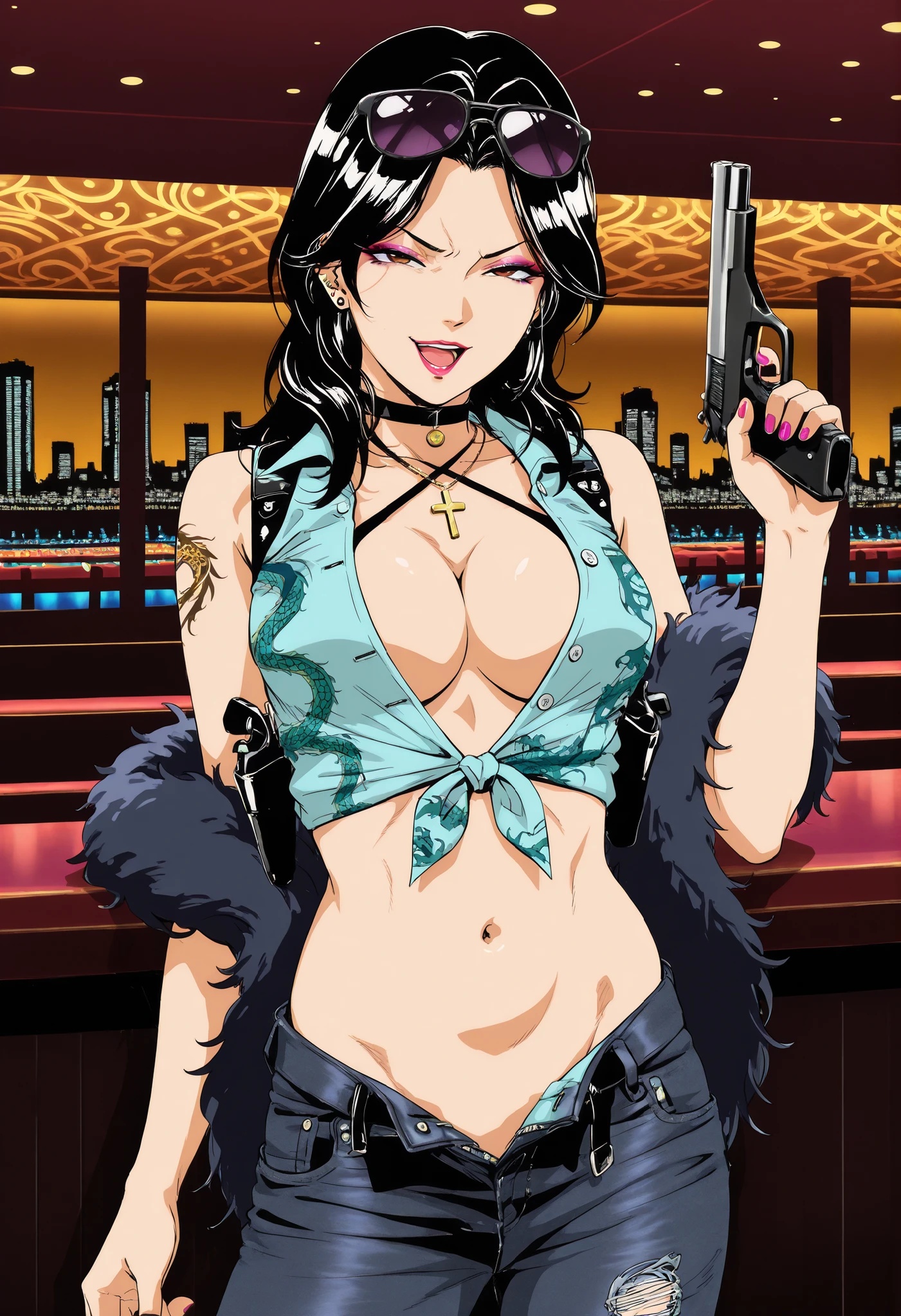 mrsyaj1ma, masterpiece, best quality, amazing quality, very aesthetic, absurdres, newest, very awa, beautiful eyes,
masterpiece, best quality, detailed,
feather boa, makeup, lipstick, nail polish, ear piercing, long hair, , lipstick, Hot girl, baddie,, sensual, attractive ,choker , cross necklace, bar background, inside bar, indoors, cityscape, casino, nightclub, city lights,, pull_down jeans(show off panties,:1.2, no panties),masterpiece,high quality,4k,belly,,holding pistol,cleavage, tied shirt,,unbuttoned shirt, collared shirt, knot, smile, open mouth, (nsfw) not safe for work, evil expression,belly, exposed navel, exposed midriff, exposed lower belly,dragon print jacket, unbuttoned jeans , low rise black jeans, Low rise jeans with open fly, motorcycle jacket, criss-cross halter with center opening, shoulder holster,, ,sunglasses on head,,, medium large breasts ,dragon tattoo on waist, narrowed eyes, tattoo on waist, anipai_style , anime screencap , anime coloring,, v-shape eyebrows,,