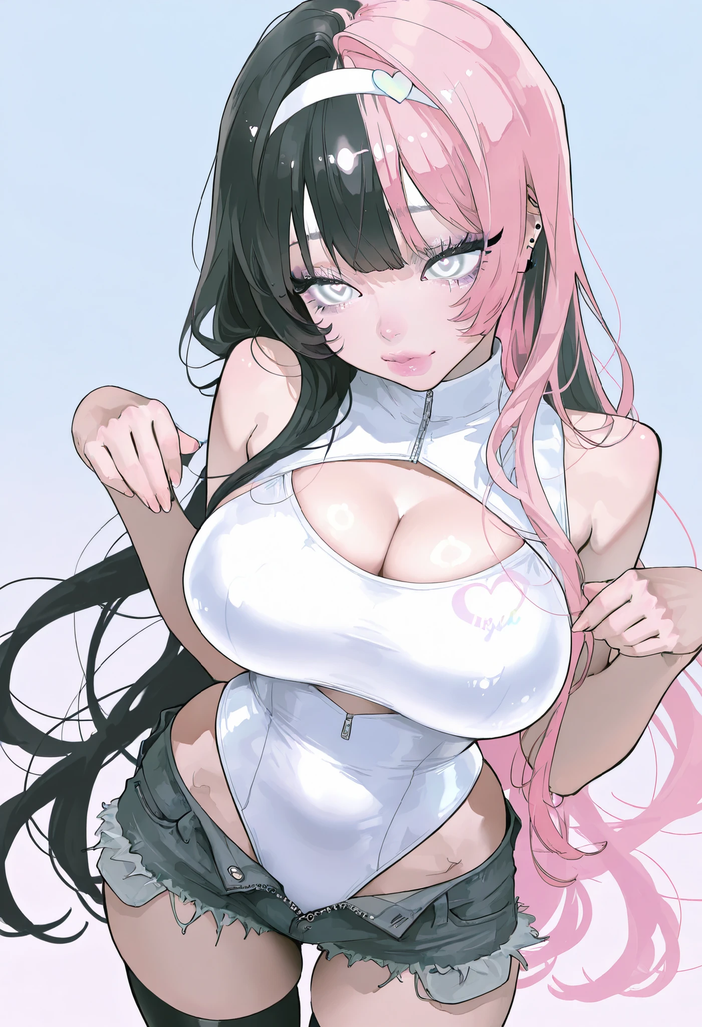 style003, 1girl , solo , long eyelashes , pastel washed out colors , cell shade , aegyo sal , solo , beautiful white eyes , (white lashes), highest quality , High resolution, white inner corner eyeliner, pink lips, spikey eyelashes, glitter eyeshadow, pink heart pupils, cute pose, cleavage, thigh highs, massive boobs, (((black hair and pink hair split color hair))), very long hair , bangs , bare shoulders , hairband , official art , wide hips , masterpiece , best quality , amazing quality , very aesthetic , absurdres , , cleavage cutout , denim , ear piercing , hair over shoulder , white one-piece swimsuit , highleg swimsuit , swimsuit under clothes , unzipped , open fly ,  cheeta print swimsuit , casual one-piece swimsuit , cutoffs , gal pose, v pose
