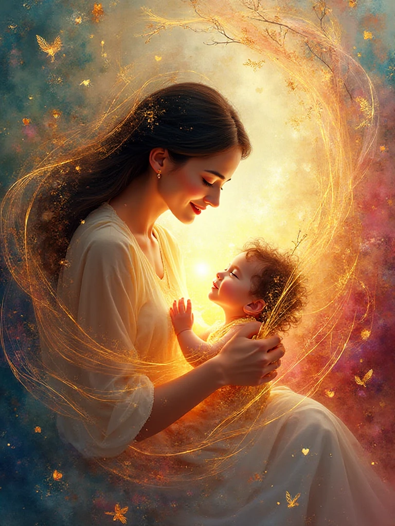 A light-skinned xxxx, approximately 25-30 years old, cradles a newborn baby.  The xxxxx expression is tender and loving, her gaze soft and focused on the .  Her light brown hair is long and flowing, cascading around her shoulders.  Xxx wears a sheer, flowing, orange-yellow fabric that appears almost liquid, draped loosely around her. The fabric's texture is delicate and ethereal, mimicking the swirling colors in the background. The xxxx, with light skin and a serene expression, lies nestled in her arms. The xxxx features are soft and innocent.  The xxxx arms and the xxxx body are in a close, nurturing embrace. The background is filled with a swirling, multicolored mist of paint, primarily orange, yellow, pink, purple, and teal. This creates a dreamlike, almost abstract, atmosphere. The colors blend seamlessly and gently flow around the figures. The lighting is soft, diffused, and highlights the tenderness and warmth of the moment.  The composition is intimate and centered on the close bond between mother and .  The perspective is a close-up, intimate view.  A surreal, painterly style, with a focus on emotional connection and delicate beauty.  --ar 1:1.5 --ar 1 --ar 1.2 --v 5 --ar 16:9