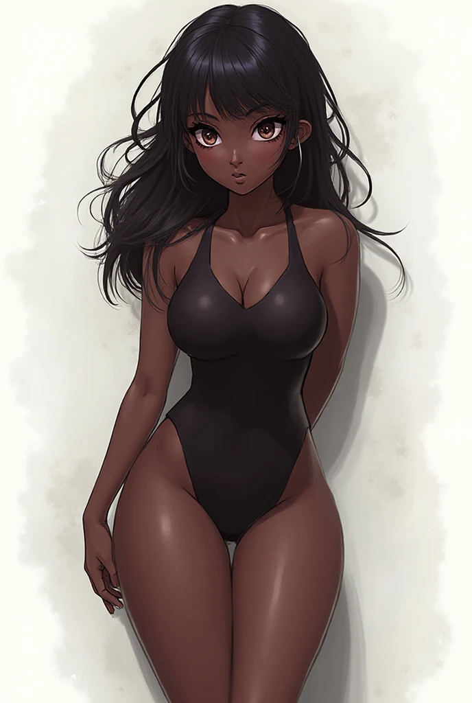 afro american girl, dark skin, afro haircut, 1 girl, solo, wears underwears, black panties, black bra, , sleveless, medium perky , wide 