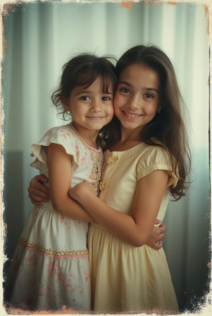 ((best quality)), ((masterpiece)), (detailed), Young girl 7 years old holding a mini bouquet of flowers with her older sister 17 years old. With happy face 