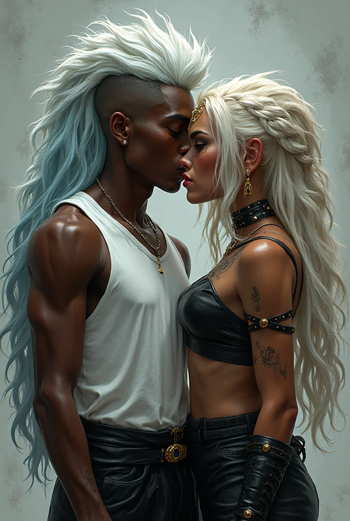 Two russian old  women: the dominant aggressive dark skinned black woman in business pinstripe suit (jacket and trousers), black heeled shoeslong nails and afro hair, standing up with separated legs and possessive stance showing off her new white girlfriend to the camera (arm around her girlfriends' shoulder squishing her back tightly, and grabbing tightly the white woman arm with her other hand, like a predator on her prey). Next to her, her white rich drunk girlfriend looks at the camera  (white woman is very pale: pale face, pale neck, pale , pale arms, pale hands, pale stomach, pale leg), white woman stretches her neck and looks at the camera  feeling overwhelmed by her girlfriend. white woman leans on her girlfriend , feeling needy.  white woman is being seduced. White woman stands up with separated legs, White woman"s body is twisted and unstable, the hands of white woman are on her belt. White woman dresses in  rock chic style: Black studded leather  with white seams, platinum blonde hair (pouf, top bun, wide colourful bandana as headband) and oversized square sunglasses as headband. Big lips with no makeup. White woman wears Black studded leather  and has . Barefoot.. Lots of thick wide studded bracelets in the wrists of the white woman, big pearl necklaces around the neck of the white woman, and big rings, Pearl earrings. Wide loose studded belt with big solid buckle. Loose chains and studded belts around the  of the white woman. White woman is lazy, leaning on her girlfriend.. The white woman is densely tattooed on neck, tattoed , tattoed arms, tattoed stomach, tattoed legs, wrists and feet. White woman has well Toned abdominals, thin neck, slim legs and thin arms. White woman has Narrow  and noticeable tigh gap. The body of the white woman is twisted in a lazy posture. Full body. On a narrow street with graffitied walls 