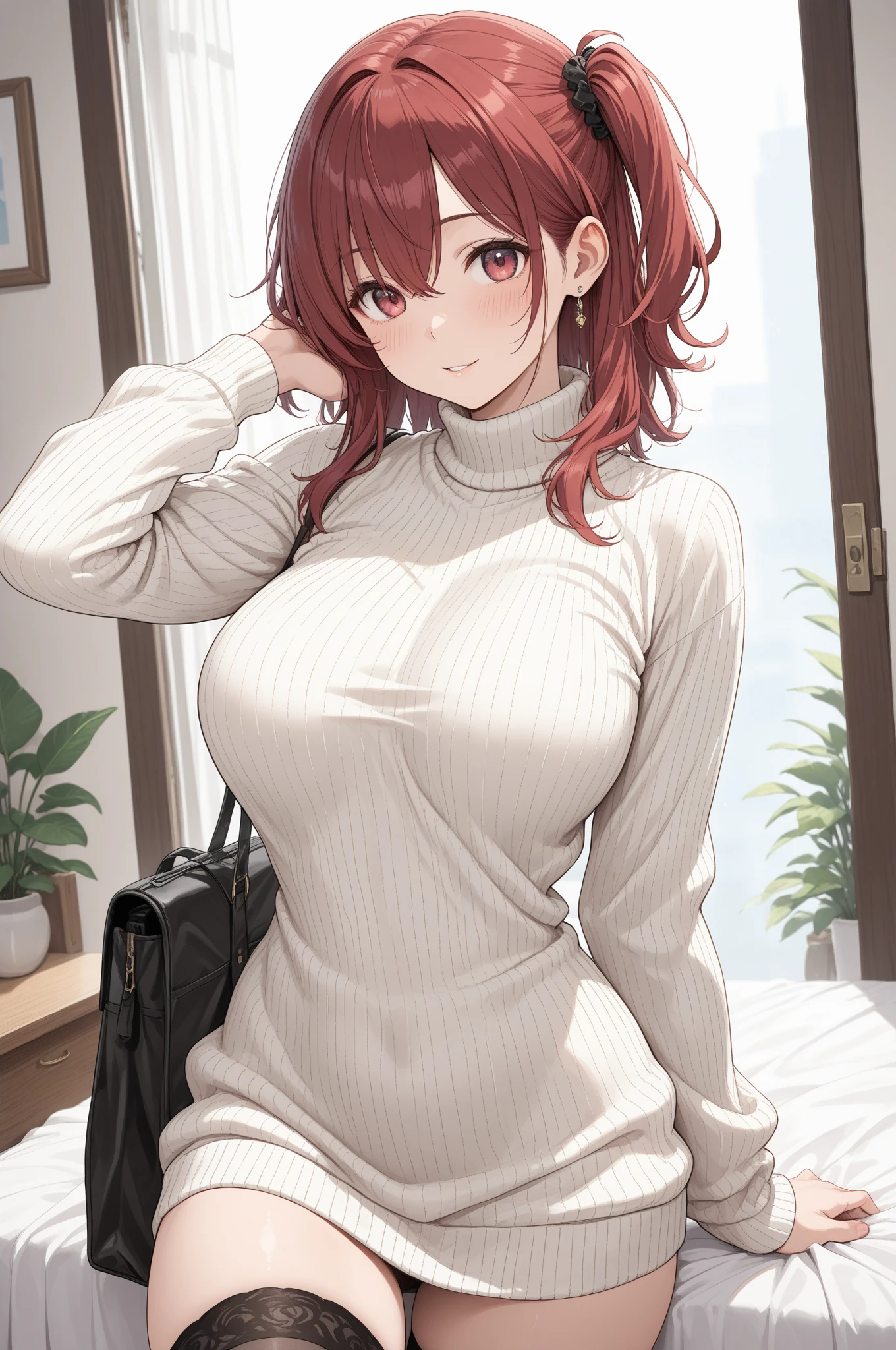 masterpiece, best quality, cowboy shot, looking at viewer, :d, yuigahamama, single hair bun, beige turtleneck sweater, jeans, v arms, indoors, living room, <lora:Hoseki_Oregairu_Mrs_Yuigahama_v2:0.9>