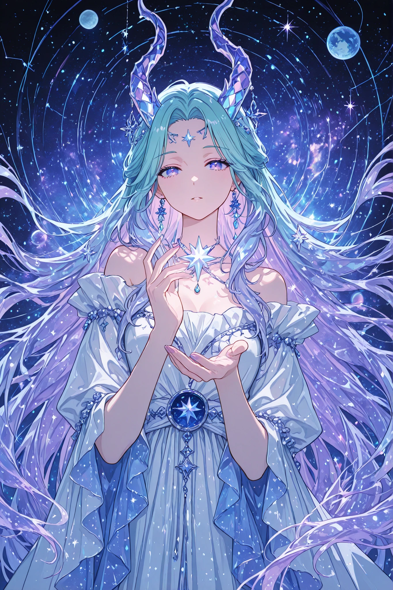 masterpiece, better quality, ultra-detailed, Anime style, illustration, fantasy art, Beautiful woman,constellation goddess, elegant dress, celestial hair, icy blue and pale lavender hair, loose hair, Aries horns on the head, looking at viewer, loose star goddess dress, off-shoulder design, lace and frills, laced elements, Matching colors , Decorations in the form of stars, shiny crystal accessories, (surrounded by constellations), (keeping the planet Saturn), flickering lights, leads into the distance, the cosmos, Highly detailed, (perfect arms), Highly detailed eyes, luminous, fabulous, magical , soft lighting, striking composition, Bokeh effect, transparent shards, crystal texture, ethereal glow, holographic fragments, pearlescent, holographic colors, translucent, glass