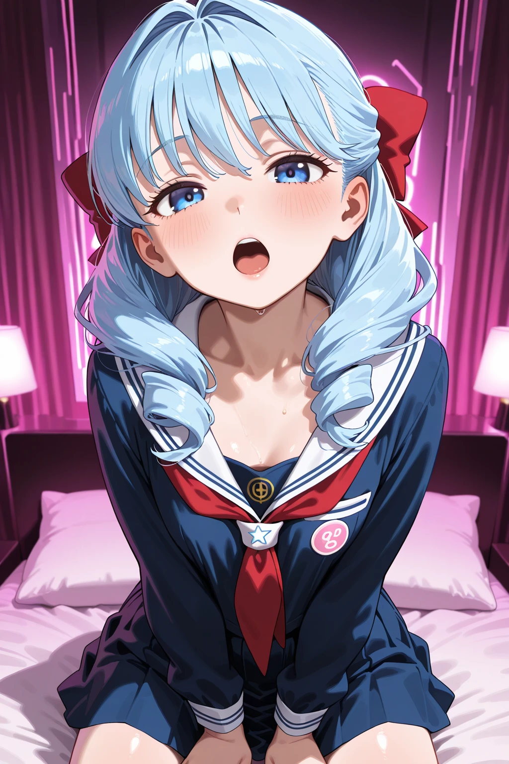 ((( onbed))),(((,))),((( in ))),(((from above))), (((lying on bed))),(((white bed sheet))),(((lie on the pillow))),(((perfect ))),(masterpiece:1.0),(Highest_quality:1.0),detailed,highly detailed,ultra detailed,extremely detailed CG,super high resolution,4k,super detailed, photograph,high resolution,8K,HDR,Highly detailed CG Unity 8k wallpaper,super detailed skin,detailed beautiful eyes,detailed beautiful face,detailed beautiful face and eyes,very detailed background,perfect,lighting,colorful, bright_front_face_lighting,shiny skin,(highly detailed background),looking at the viewer,(Focus on her face),RH, 1girl, solo, upper body, looking at viewer, upper angle,(silver blond),((hair red ornament)),((long pink sleeves)), ((pnkserafuku)), ((pinkserafuku)), perfect quality, good quality, masterpiece, HDR, UHD ,masterpiece,best quality,detailed,highly detailed,ultra detailed,extremely detailed CG,high resolution,8K,super detailed skin,detailed beautiful eyes,detailed beautiful face,detailed beautiful face and eyes,very detailed background,highly detailed background,(front view),((super big breasts)),looking at viewer,The girl's breasts aren't  at all., You can clearly see that she has very large breasts.,((kawaii)),(()),