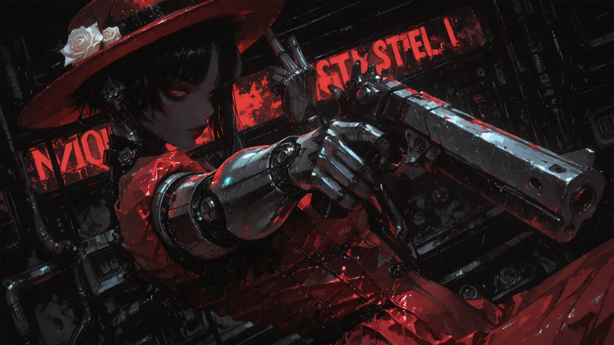 masterpiece, better quality, great quality, very aesthetically pleasing, absurddress, newest, 32K, ultra detailed,
1 maiden, cuborg, android, chrome plated body, Silver steel leather, big saggy breasts, maroon red evening dress, 50s clothing aesthetics, burgundy red ladies' hat, white rose in a bloody theme, gun in hand, look into the distance, look at viewer, points the gun at the viewer without looking at viewer, points the gun at the viewer, hand with a gun aside, close , dutch corner, from the side, minimalist abstraction on, cybernetic elegance, Sensual femininity, pop-art background merges with dark punk techno, noir, retrofuturism, absurd composition, limited palette, dark theme, high contrast, bright colors, foreshortening,