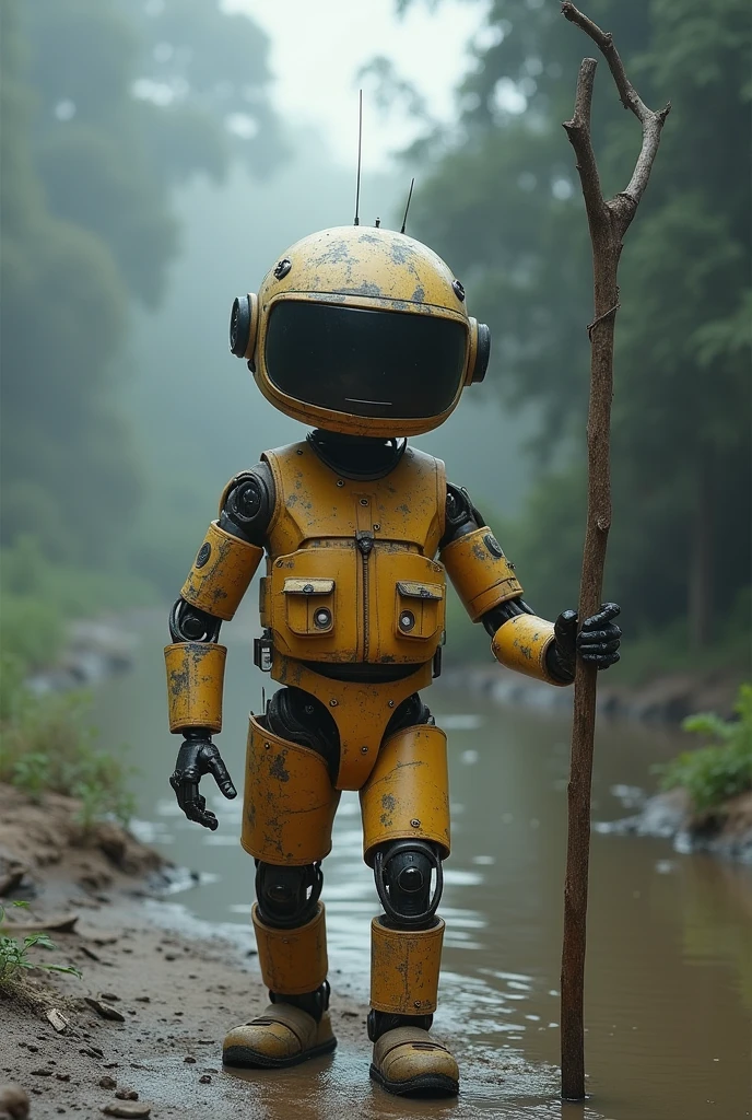 cinematic realism, a cute cube cyborg robot in the swamp, with a small spout on the lower center of the body that has black oil oozing out, the robot has a relaxed expression and smiles, emptying into swampy swamp waters, highy detailed, 16K, Fantasyart, octane rendering, Photoreal, --ar 1:2 --c 20 --s 1000 --q 5