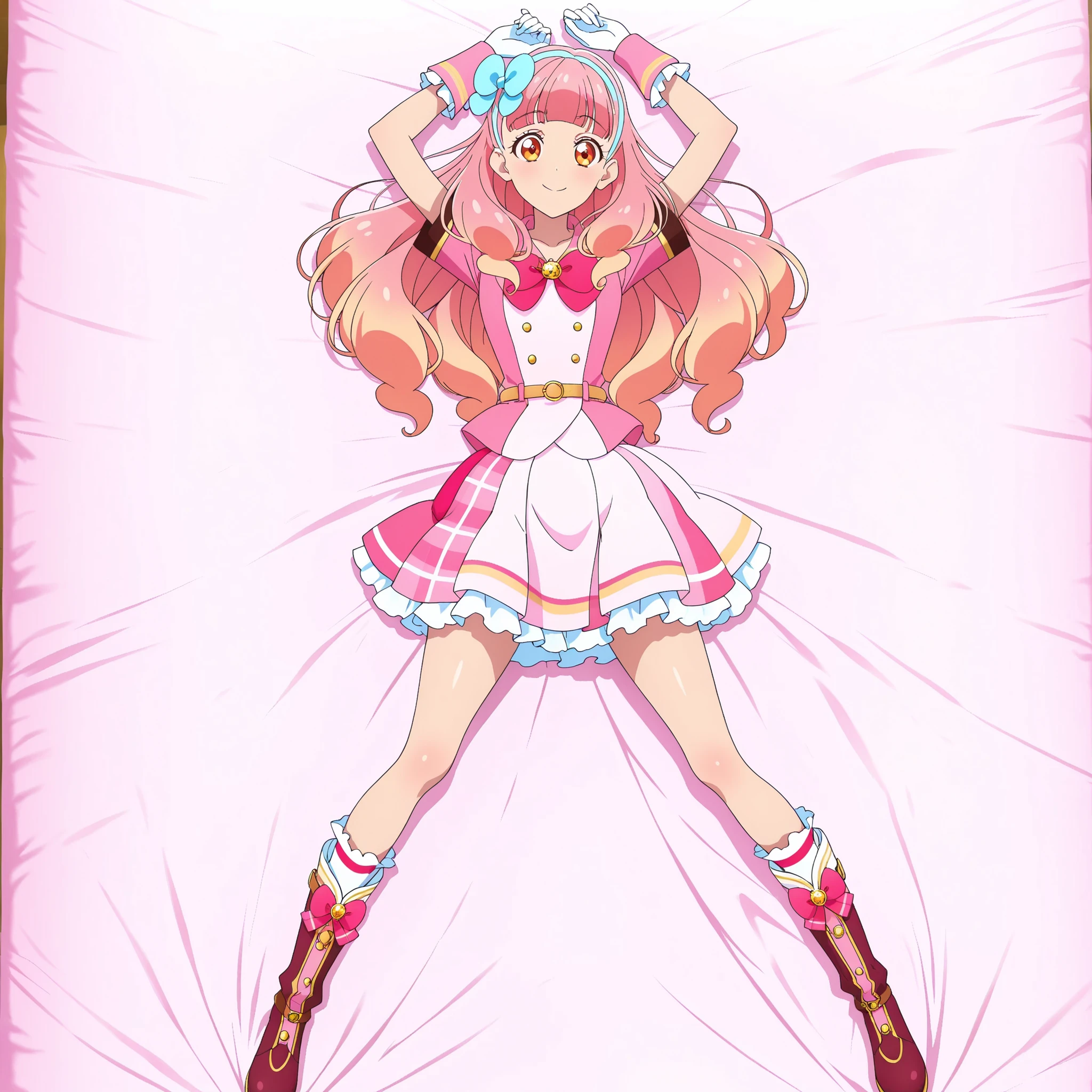 yuki_aine, gradient hair, pink hair, long hair, blue hair bow, blunt bangs, a1nelinkcoord, hairband, short sleeves,white gloves, boots, pink skirt,bowtie, pink_idol_uniform, pink jacket, pink skirt, anime screenshot, shiny skin, high quality, solo, lying, on back, arms up, legs apart, from above, closed mouth, on bed, looking at viewer, full body, smile, best quality