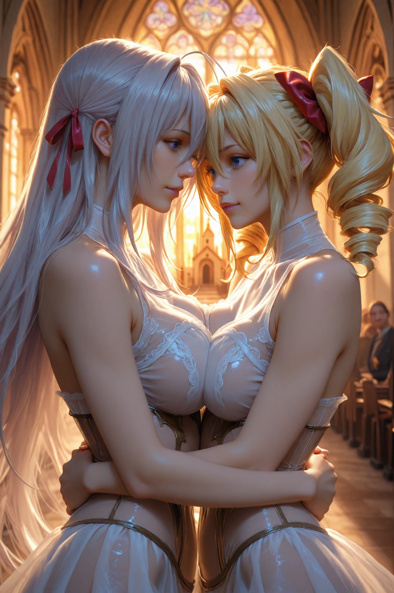 {(watercolor painting:1.2),(renaissance style:1.2)}, {hime cut}, BREAK, { face,anguish,(very :1.2),(writhing:1.4),embarrassing,half open eye},{(very  pose:1.2),(arched back:1.2),(arch one's head:1.4)}, {(ivory colored yukata:1.2), (chains fundoshi:1.2), (wet clothes:1)}, BREAK, {(many chains from the ceiling:1.4), (chain :1.3),(chain bondage), (chain restraint),(wrap limbs with chains:1.8),(chain bind body),(chain in collar:1.2), confinement, }, BREAK, {(2 woman, , (lick each other, saliva), braid hair intricately)},{dynamic low angle view}, {(dark church glowing stained glass:1.2)}, BREAK,{(glowing tears:1.1),(beautiful eyes),extremely detail hair, (pure white skin:1.1)}