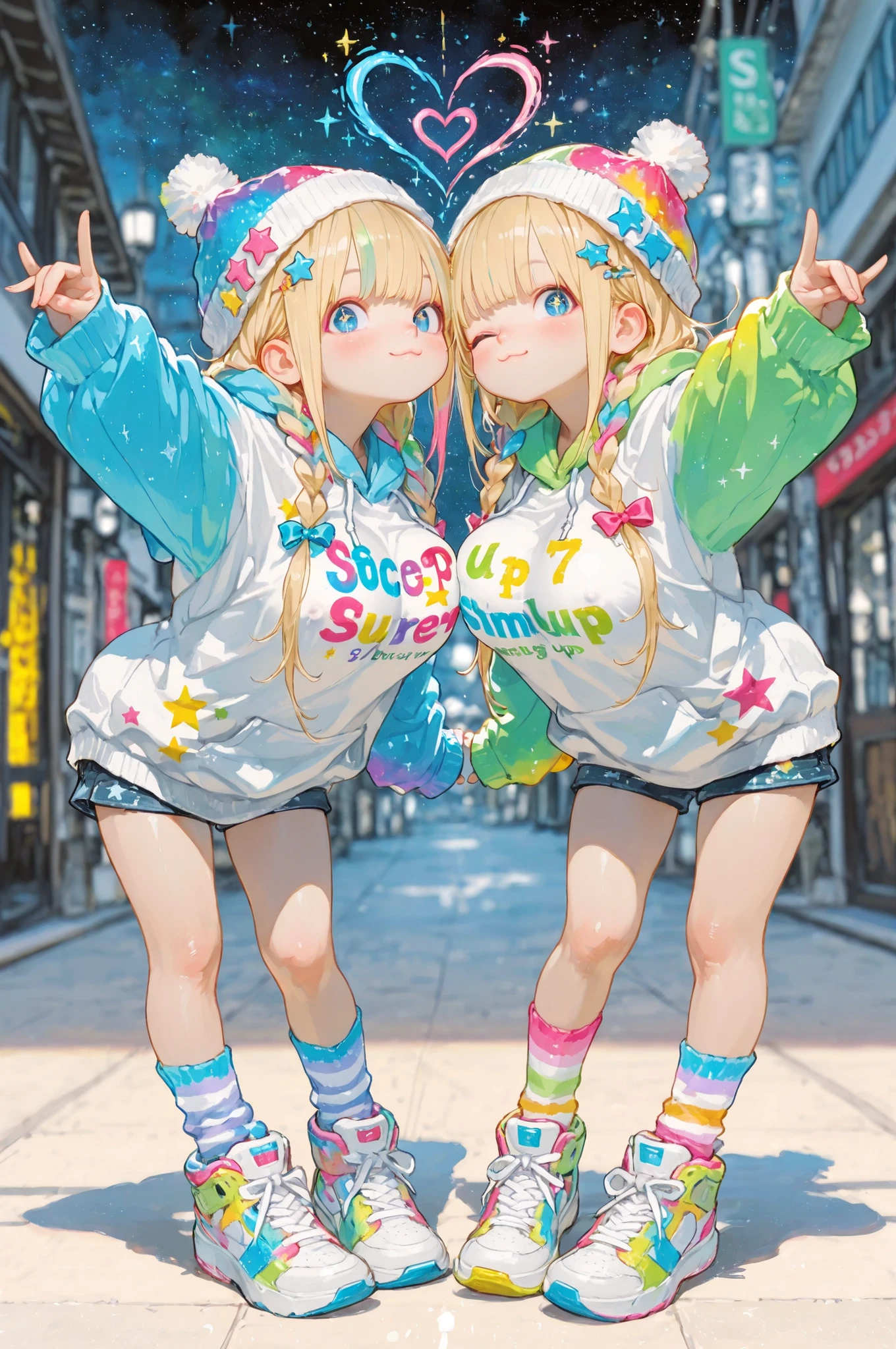 (masterpiece), (Highest Quality), (Very detailed), 
(The best shape), (Best Shadow), (Ridiculous), 
(detail background), (so beautiful),
countershading, 8k, 32K, high resolution, 

score_9, score_8_up, score_7_up, source_anime, 
(masterpiece, detail:1.2), (perspective:1.2),
Cinematic, Dramatic, (written depth:1.4),
(Blurry Background:1.2), (realistic background:1.4),
full body,(front;1.3), front view, facing forward, looking straight ahead,looking at viewer,(symmetrical heart pose),nipple-to-nipple,
1 girls,starry sky,Duo,Twins,asymmetrical,
girls,smaller,short,round face,blonde hair,long hair,braids,twin tails,ribbon, star-shaped hairpin with bangs split to the right,round beautiful blue eyes,Sparkling eyes,BIG BREASTS,
knitted hat,(Oversized Hoodie),shorts,Striped Socks,big sneakers,Star pattern,(colorful),



