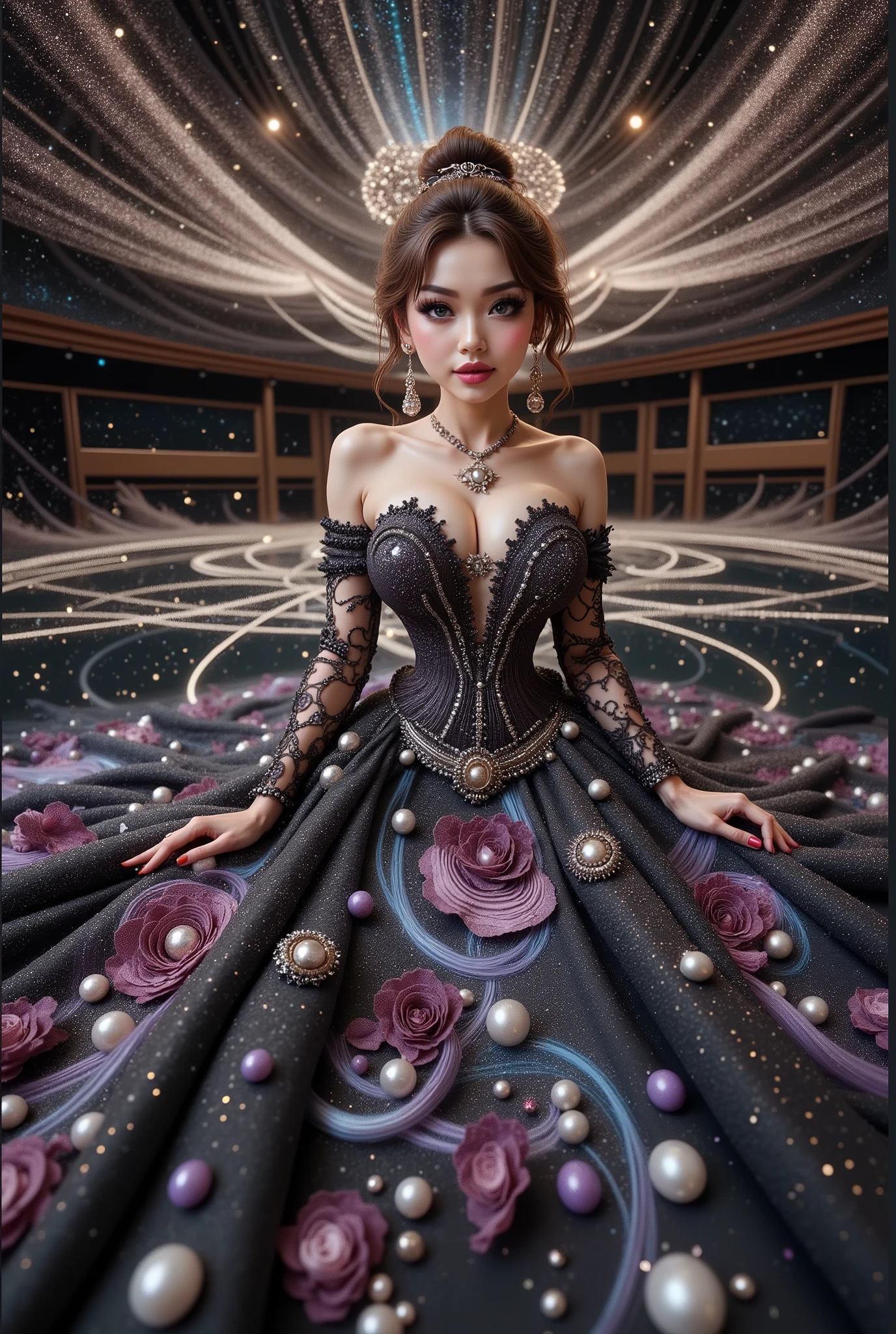 A cute japanese idol girls white-skinned, blue-eyed, thin lips, shadow eye, eyelashes, Gigantic fake boobs, Breast Press, asian girls in a strapless dress sitting in space, UHD, luxurious mechanism dress, ornate dress, shiny dress, sparkling dress, glossy motif dresses, elaborate fantasy dress with galaxy motif, elaborate fantasy long dress, expensive, voluminous dress, wearing a magnificent dress, fantasy dress, beautiful digital artwork, luxurious dress, beautiful fantasy empress, wearing ornate clothes, wearing a strapless dress made of beads and carbon fiber, photo with very sharp details, best quality:1.2),,(8k,highres,RAW photo,realistic,photo-realistic:1.3),(detailed skin texture,detailed cloth texture,detailed flame texture, beautiful detailed face:1.25),professional lighting,photon mapping,beautiful soft light,radiosity,physically-based rendering,raytracing, model shoot style, model shoot style, (extremely detailed CG unity 8k wallpaper), full shot body photo of the most beautiful artwork in the world. (Body Navel) push up breast. Breast press.