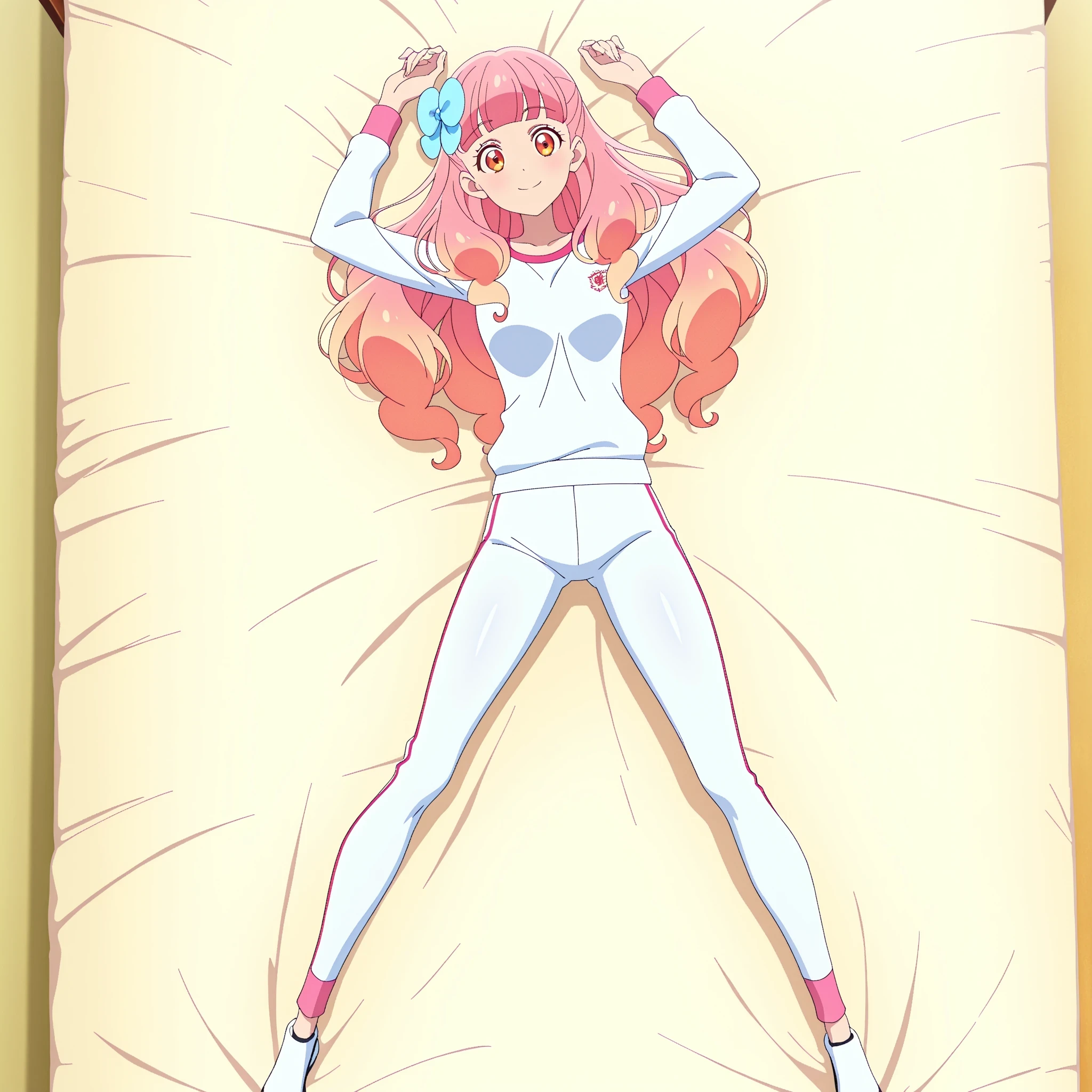 yuki_aine, gradient hair, pink hair, long hair, blue hair bow, blunt bangs, white jogging pants, white jogging shirt, anime screenshot, shiny skin, high quality, solo, lying, on back, arms up, , from above, closed mouth, on bed, looking at viewer, full body, smile, best quality