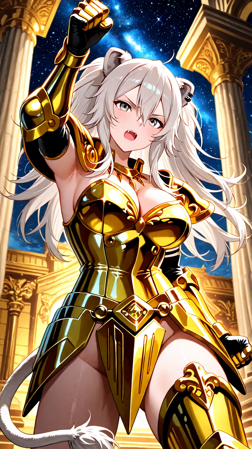 best quality, (masterpiece:1.3), absurdres, highres,16k, ultra high res, official art, illustration,extremely detailed, 1girl, solo, full body, 20yo, 
delicate lines tailed face,(top knot bun :1.5), (parted bangs:1.2), 
(beautiful pink hair:1.2), (shiny hair:1.2), (beautiful green eyes:1.2), (shiny eyes:1.2), (), (gleaming skin:1.4),
looking at viewer, simple background, (from below), in castle,
standing, (dynamic pose), serious with open mouth,
(brave lady), (fantasy), (armor, sword, shield, crown, boots, cape:1.5)