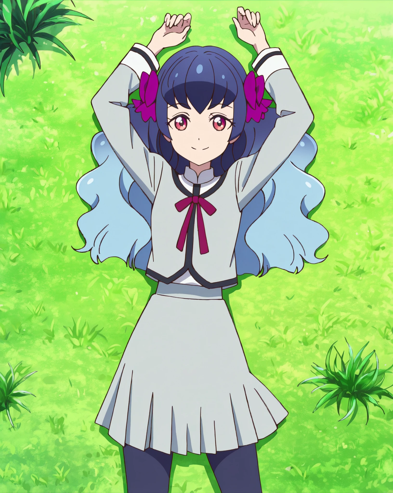 kaguyafri, multicolored hair, pantyhose, bow, long hair, gradient hair, wavy hair, school uniform, anime screenshot, shiny skin, high quality, solo, lying, on back, arms up, , from above, closed mouth, on grass, looking at viewer, cowboy shot, smile, best quality