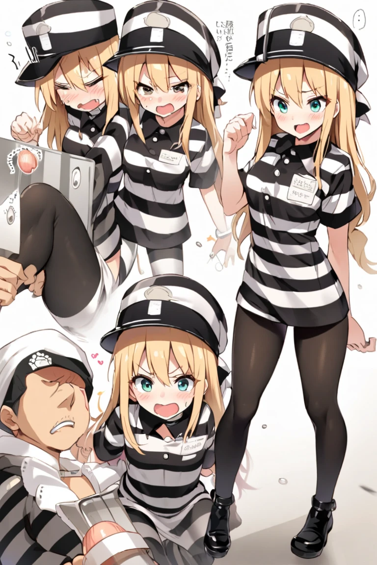 Long blonde hair, handcuffed, arrested, mature female, milf,  ,40 years old, pon prison uniform, prisoner, black and white stripe prison uniform, waifu material, mature, oneesan, elder sister, smirk