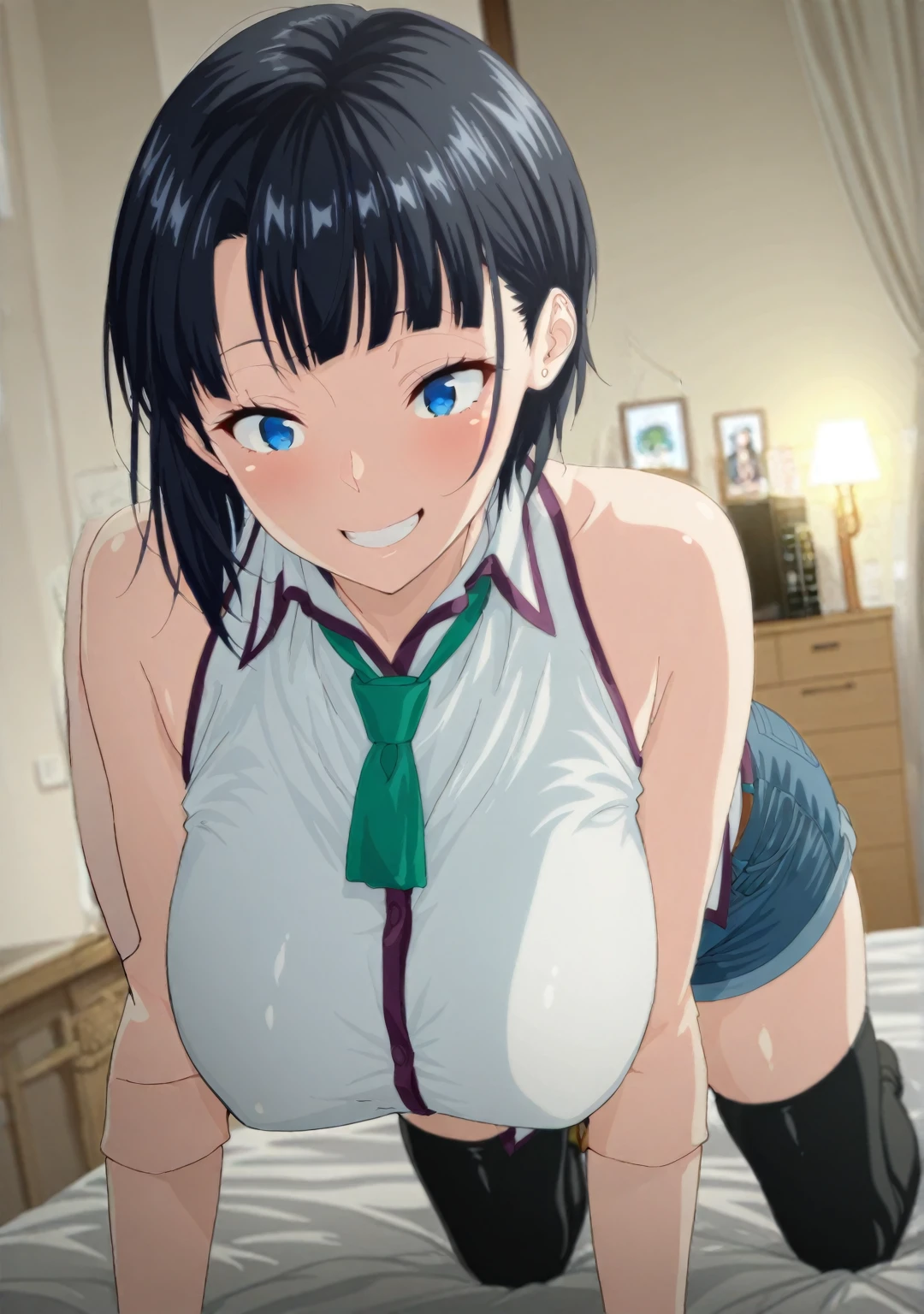 (((Crouching with legs apart、No panties、Thick pubic hair)))Huge , Kirigaya Naoha(Sword Art Online), 1 Girl,Genuine、Angry face、 Bob Hair, Hair Clip, masterpiece、Highest quality、sweater、Huge exy、School、Dynamic Angle, View with camera、A big bust that seems to burst:1.7、Tight mini skirt、(((NSFW、Naughty pictures)))