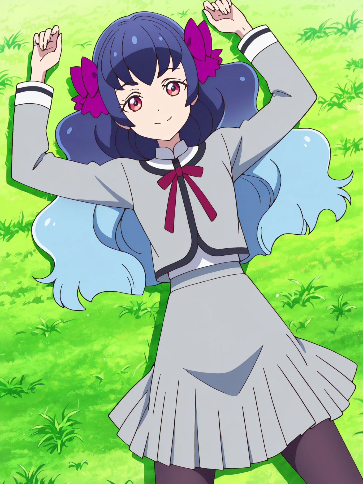 kaguyafri, multicolored hair, pantyhose, bow, long hair, gradient hair, wavy hair, school uniform, anime screenshot, shiny skin, high quality, solo, lying, on back, arms up, legs apart, from above, closed mouth, on grass, looking at viewer, cowboy shot, smile, best quality