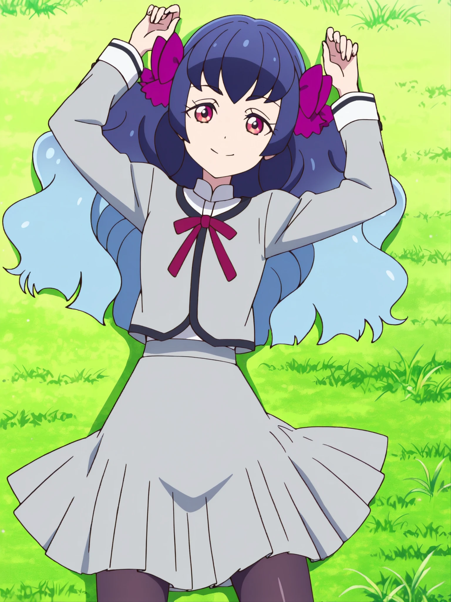 kaguyafri, multicolored hair, pantyhose, bow, long hair, gradient hair, wavy hair, school uniform, anime screenshot, shiny skin, high quality, solo, lying, on back, arms up, , from above, closed mouth, on grass, looking at viewer, cowboy shot, smile, best quality