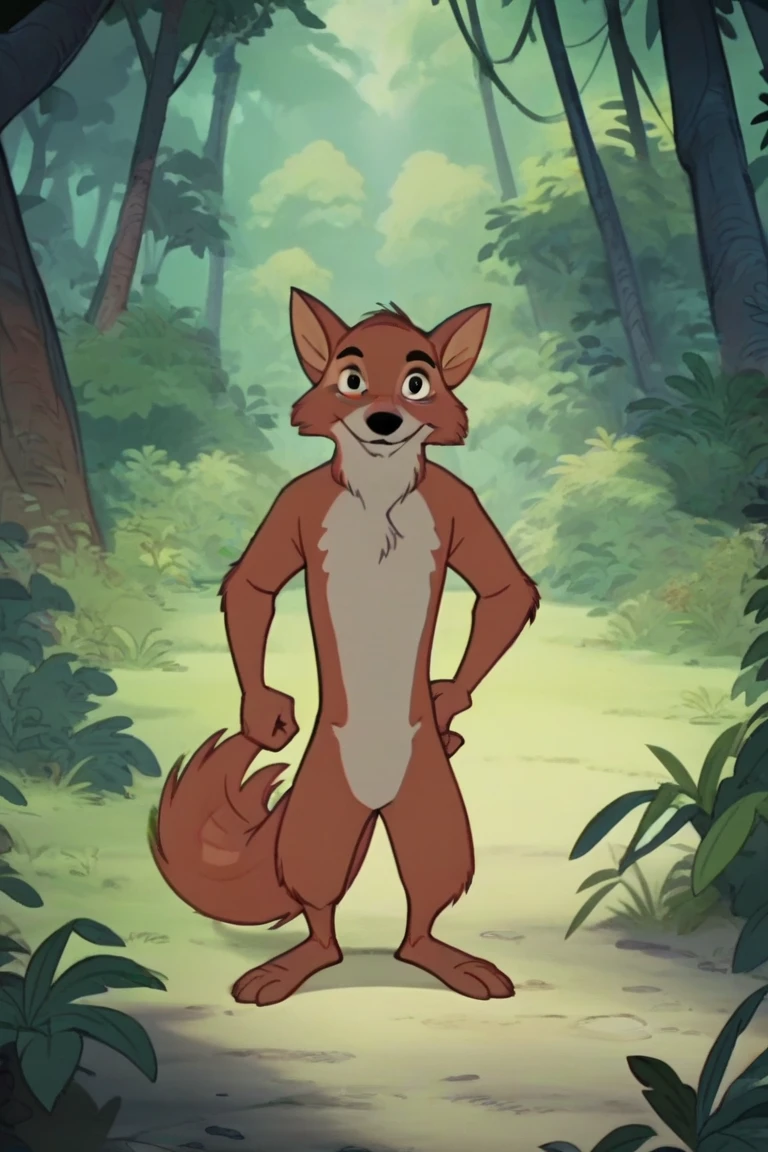 score_9, score_8_up, score_7_up, score_6_up, score_5_up, score_4_up, (Source furry),  slappy squirrel, furry female, 1girl, solo, outside, trees, smile, squirrel girl, looking at viewer, blue eyes, tail, grey fur, two tone fur, hat, wearing black shorts, flower hat,