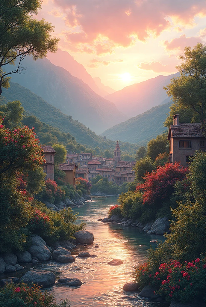 A small town by the river, mountains in the background, flores florales coloridas, detailed landscape style, beautiful natural landscapes, atmospheric lighting, scorching sunset, warm colors, practical, photographic woman, detailed foliage, complex buildings, cobblestone street, encantadora casa de campo, vibrant colors, lush vegetation, reflections in water,  picturesque, idyllic, Artwork, better quality, 8K, extremely detailed, anime style