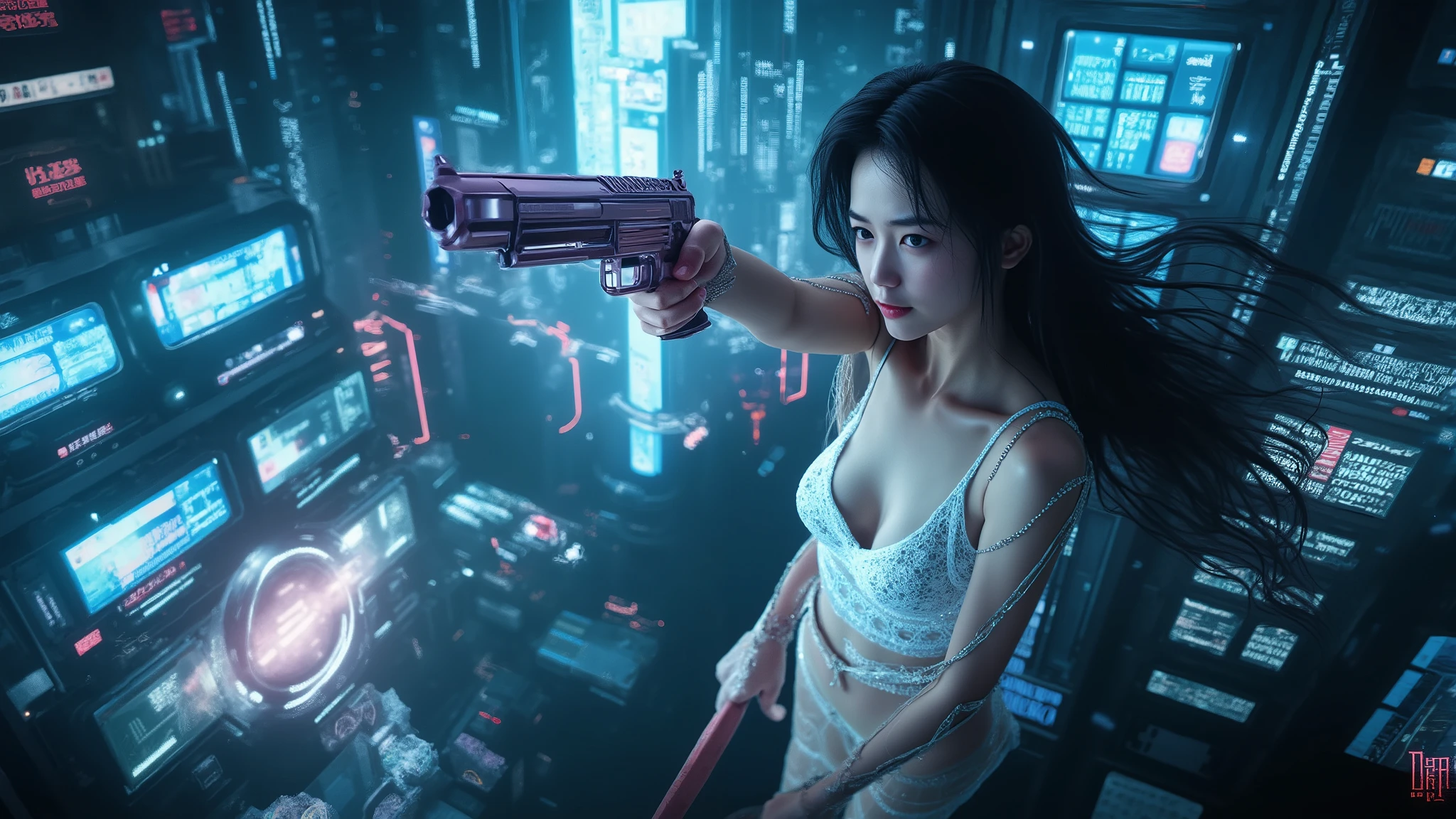 (((high angle view, overhead shot))). (Ryoji Ikeda Style). Translucent Chinese girl in mid-ground, half-body medium:1.8 shot, long hair, open legs, (((transparent:0.1 short:0.1 shift dress))), cleavage, large-breast:1.2, her short:0.1 pistol drawn and aiming at viewer, Matrix style micro sunglasses, (((appears at the right half of the frame, positioned in the middle-right, cinematic shot, rule of thirds composition))), slim:0.6 body, (((serious look))), slim face, (((lace tiny bra and lace G-string micro panty))), cyberpunk city with flying cars at night in the background, (realistic, photorealistic, photo-realistic:1.37), digital art, sci-fi concept art, (dramatic lighting, neon lights, glowing wires, cyberpunk aesthetic, futuristic), blue and purple color tones, cinematic composition.